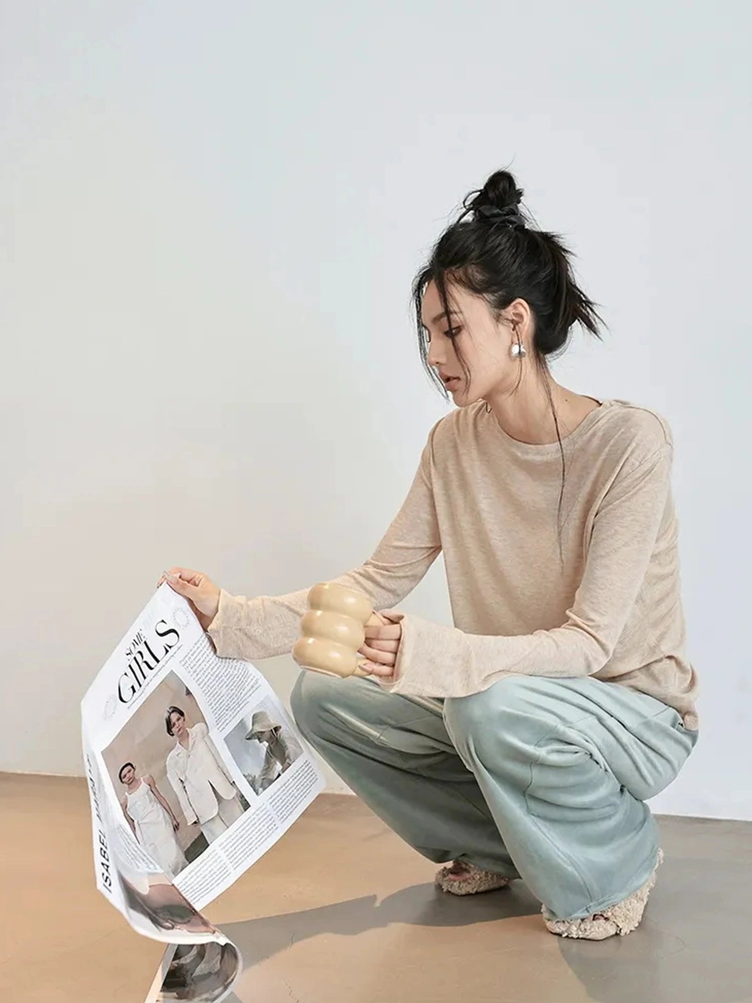 FU FRESH UP Tencel Wool Relaxed Fit V-neck T-shirt Long Sleeve