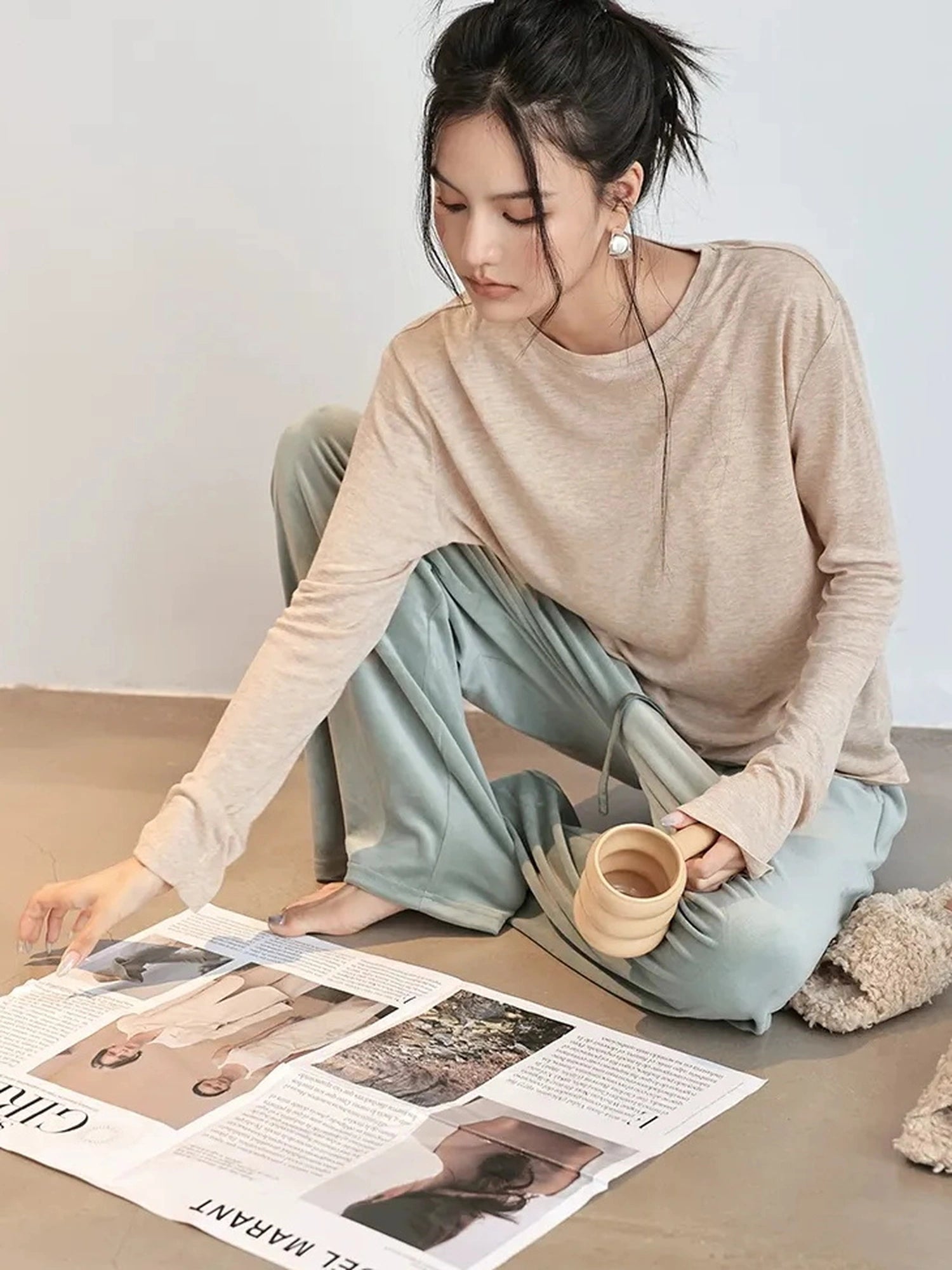 FU FRESH UP Tencel Wool Relaxed Fit V-neck T-shirt Long Sleeve