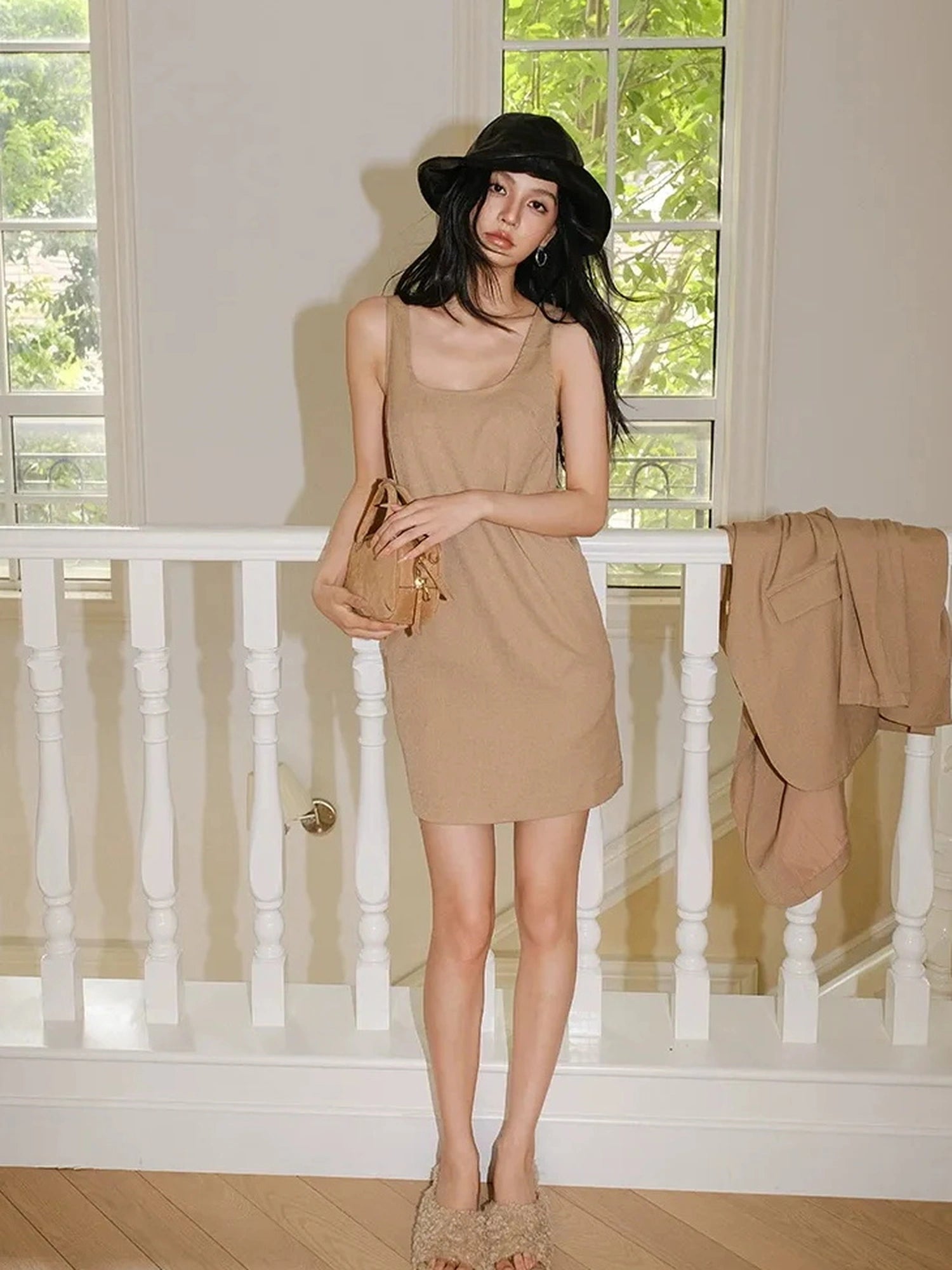 FU FRESH UP Textured Linen Blend Waistcoat Dress Blazer Set