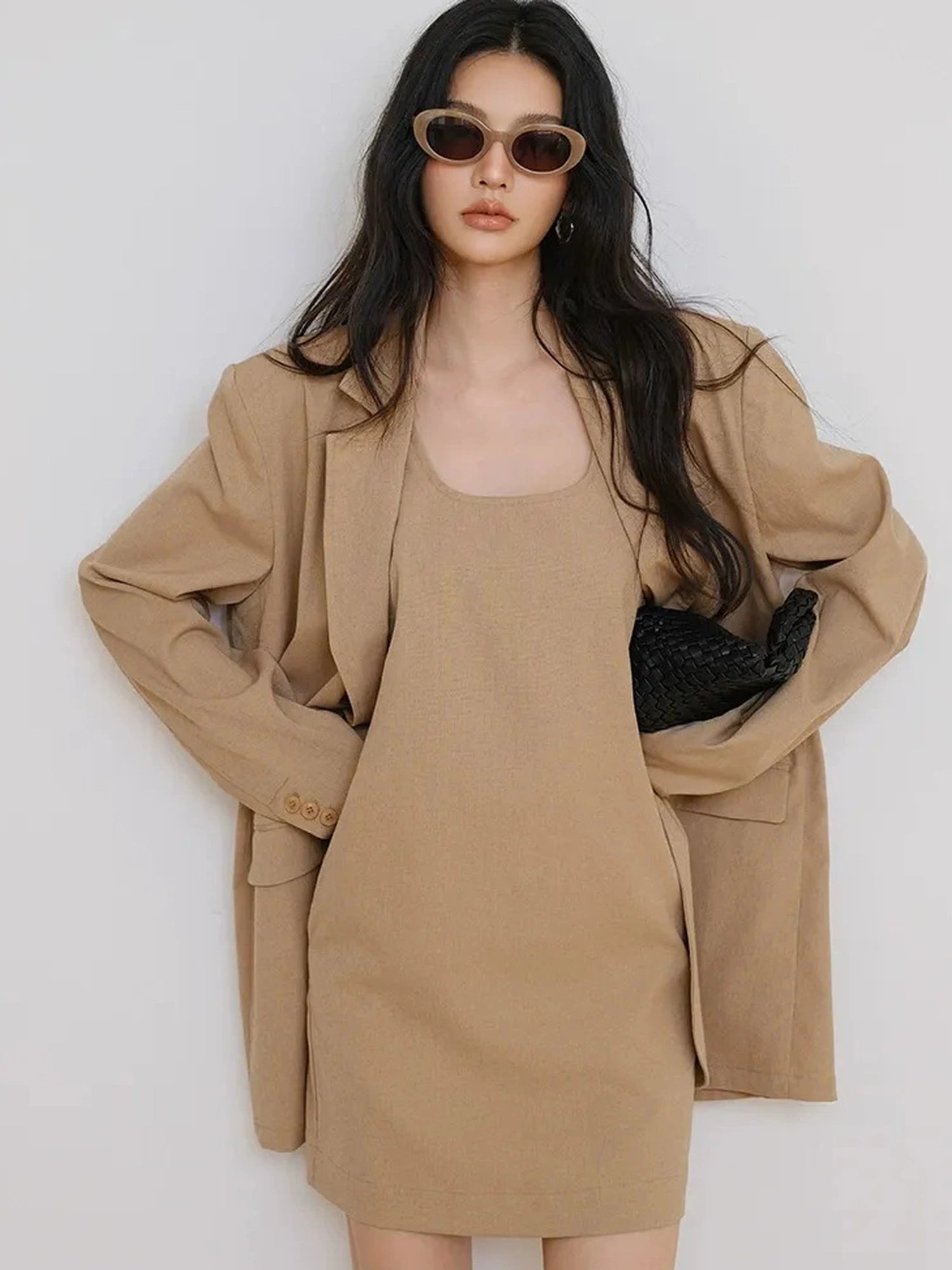 FU FRESH UP Textured Linen Blend Waistcoat Dress Blazer Set