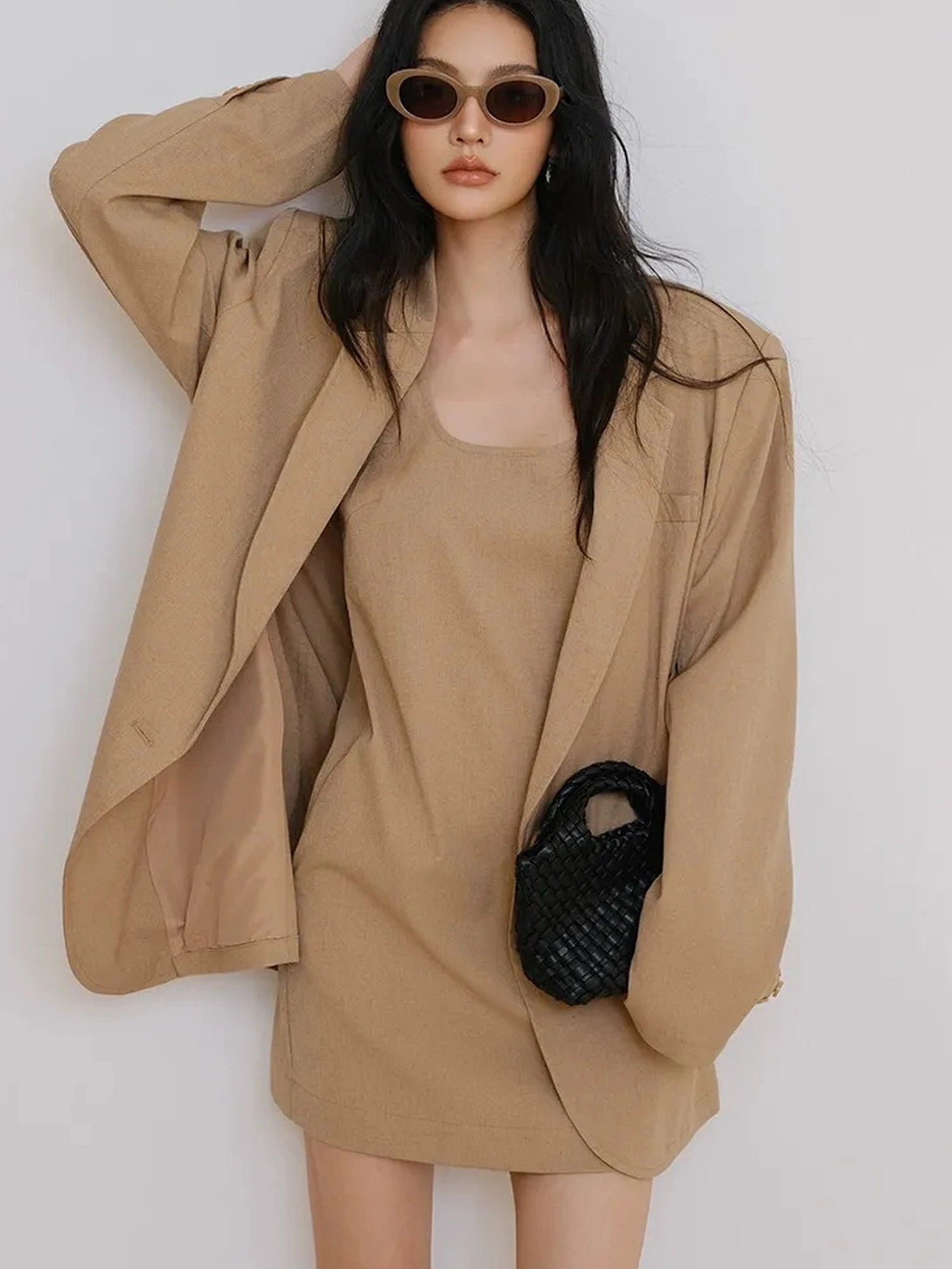 FU FRESH UP Textured Linen Blend Waistcoat Dress Blazer Set