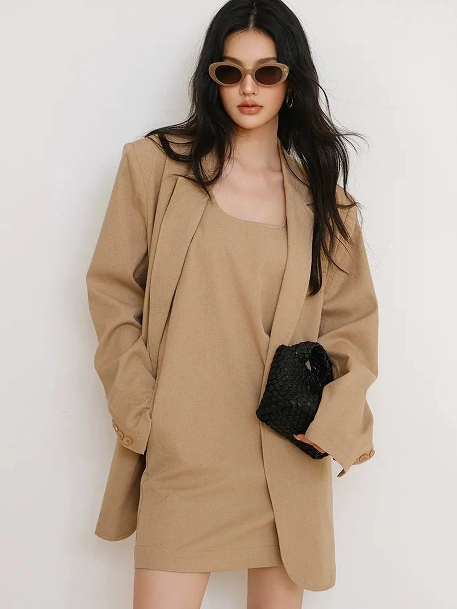 FU FRESH UP Textured Linen Blend Waistcoat Dress Blazer Set