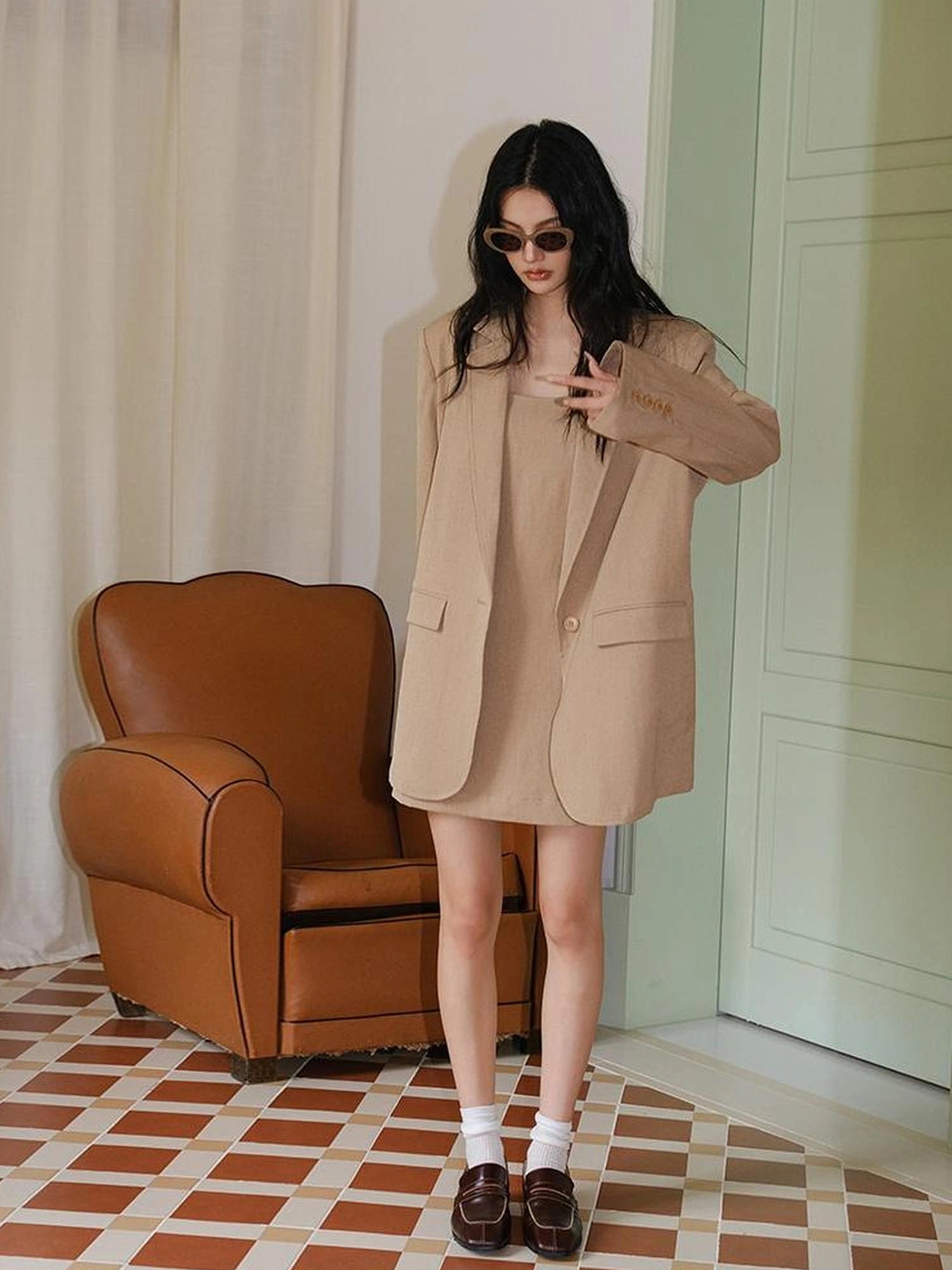 FU FRESH UP Textured Linen Blend Waistcoat Dress Blazer Set