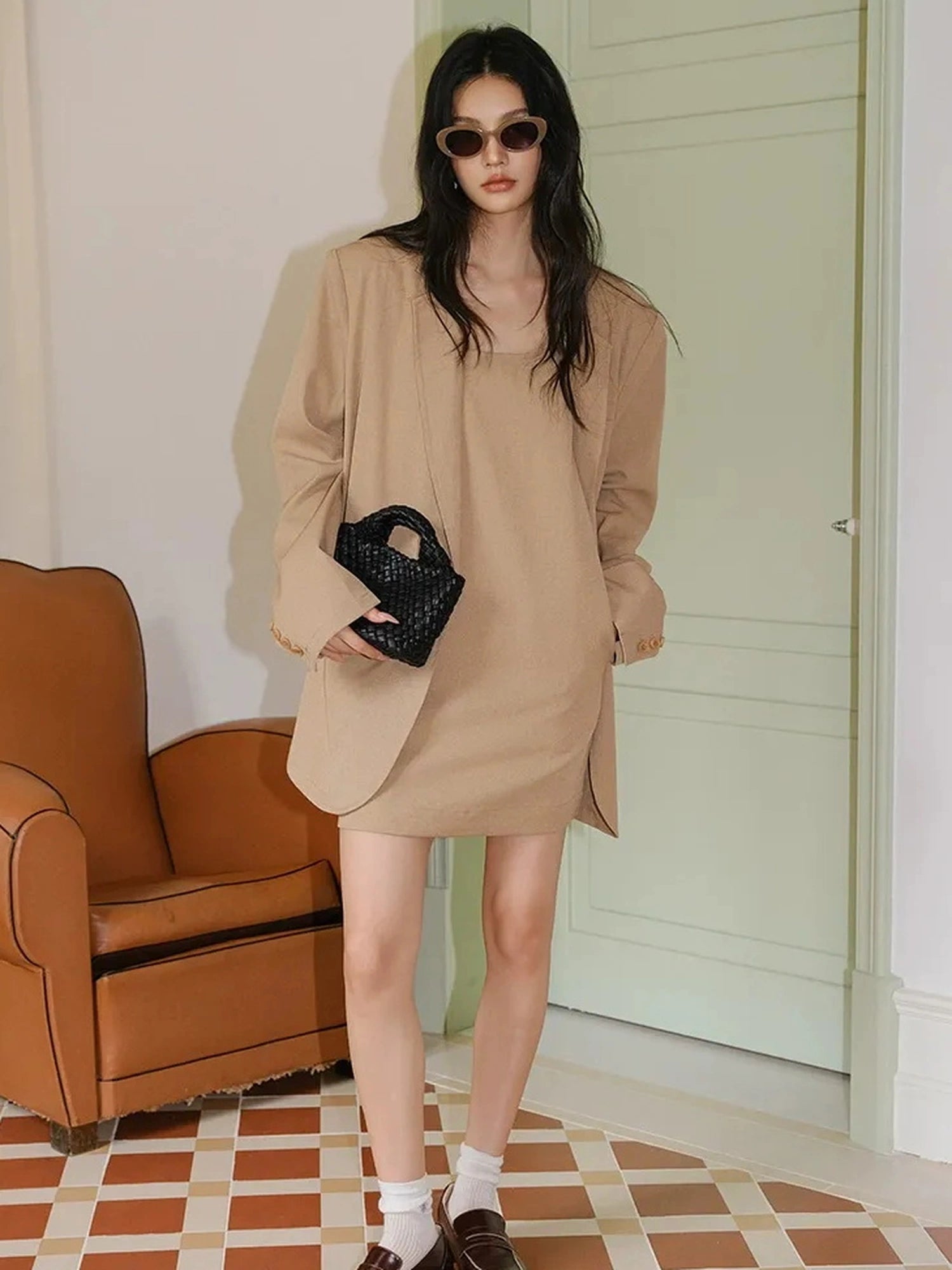 FU FRESH UP Textured Linen Blend Waistcoat Dress Blazer Set