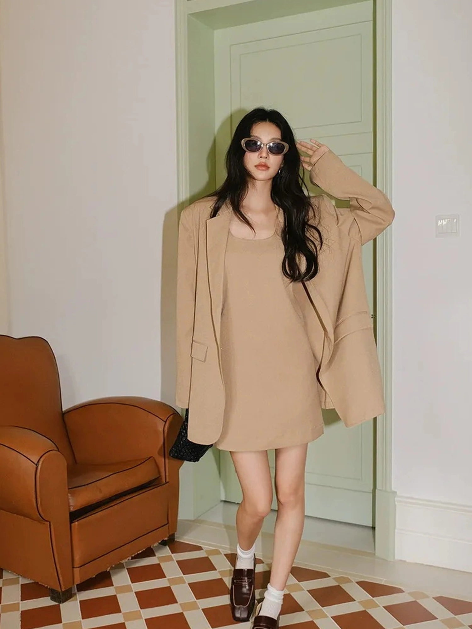 FU FRESH UP Textured Linen Blend Waistcoat Dress Blazer Set