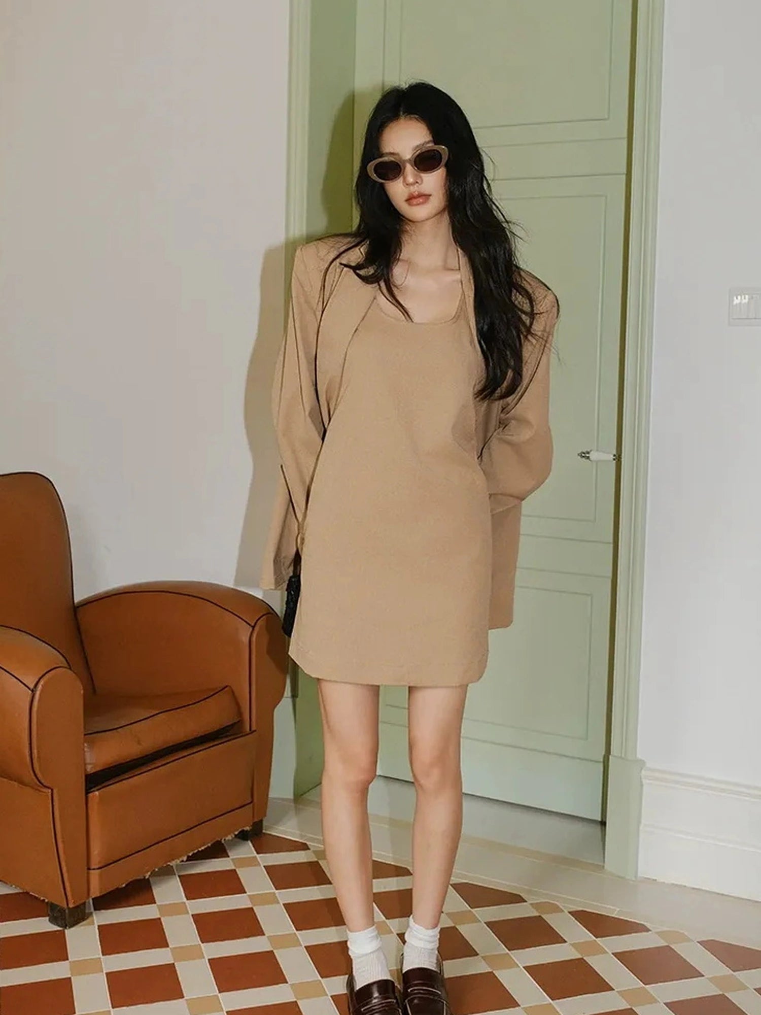 FU FRESH UP Textured Linen Blend Waistcoat Dress Blazer Set