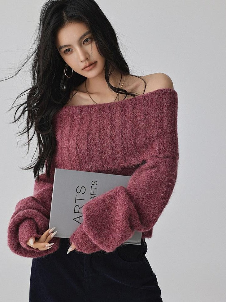 FU FRESH UP Turn Down Collar Off Shoulder Knit Women&