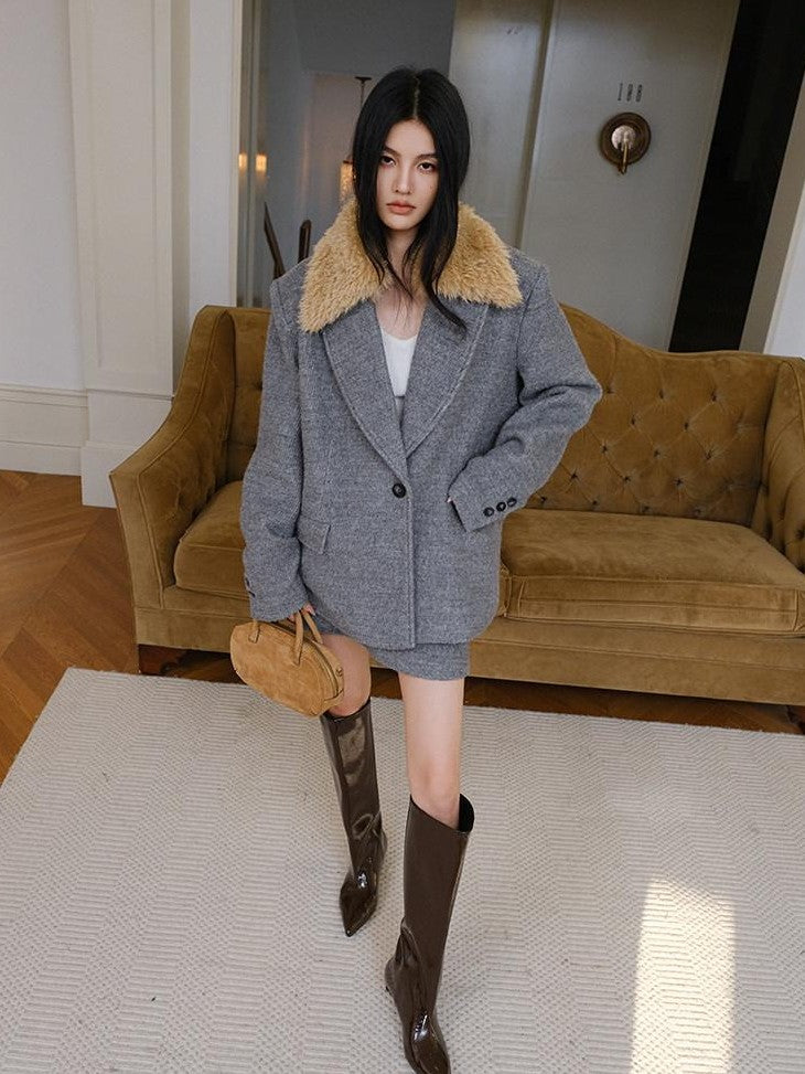 FU FRESH UP Twill Fur Collar Tailored Slim Fit Notched Lapel Women&