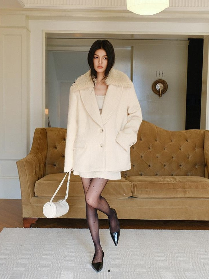 FU FRESH UP Twill Fur Collar Tailored Slim Fit Notched Lapel Women&