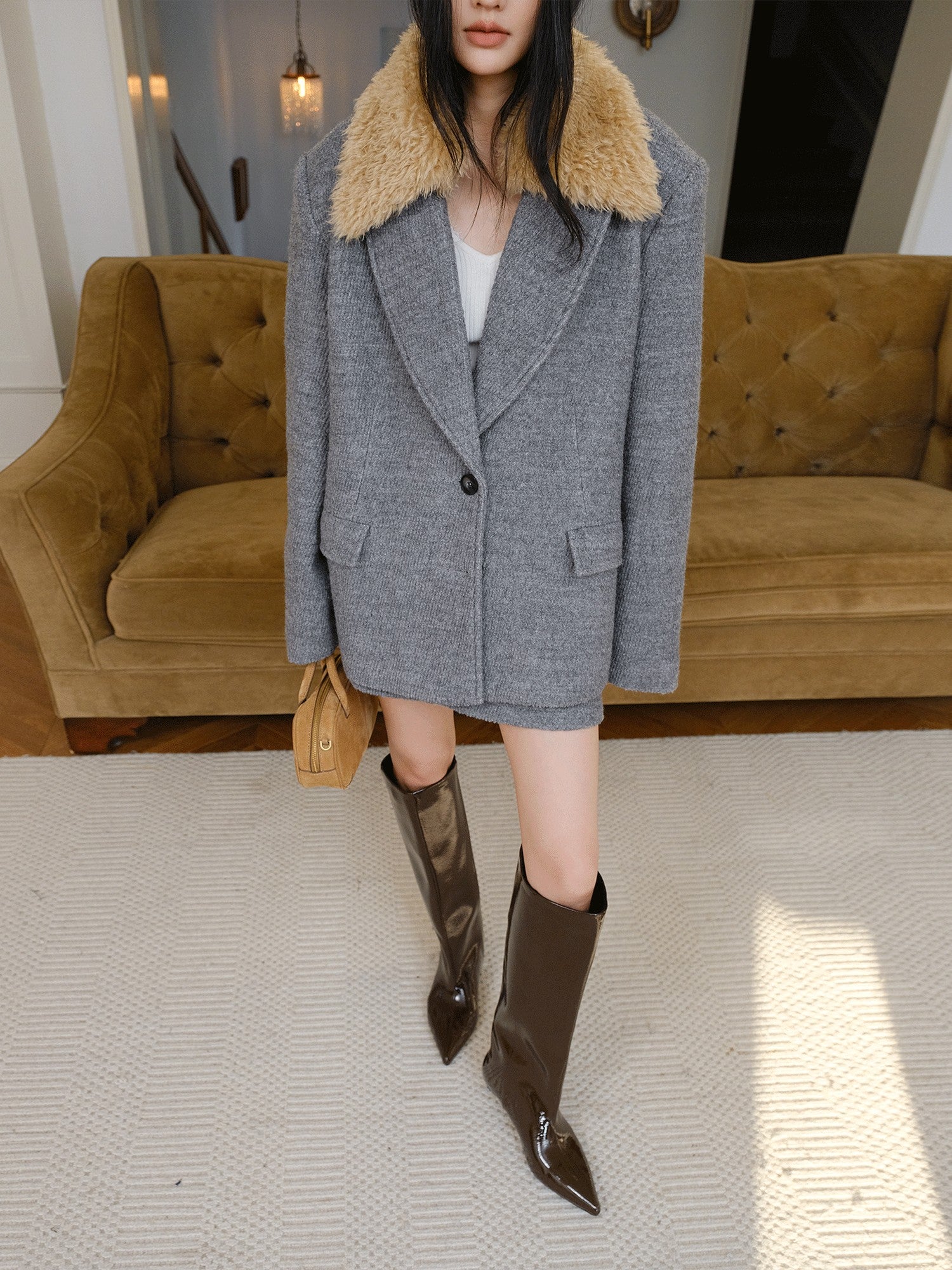 FU FRESH UP Twill Fur Collar Tailored Slim Fit Notched Lapel Women&