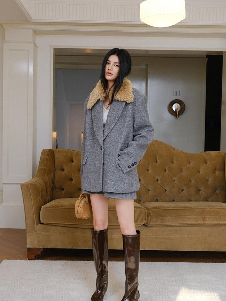 FU FRESH UP Twill Fur Collar Tailored Slim Fit Notched Lapel Women&