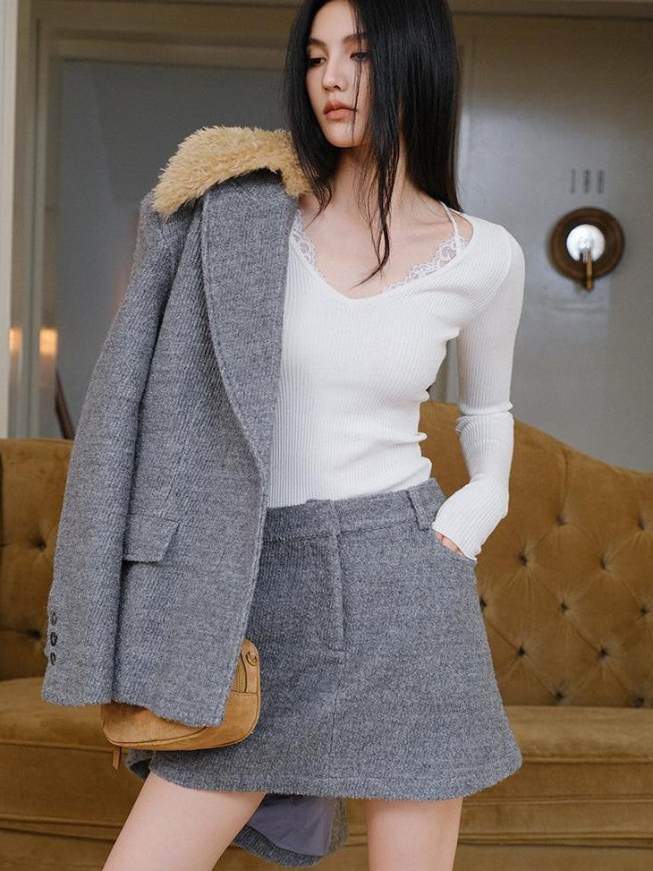 FU FRESH UP Twill Fur Collar Tailored Slim Fit Notched Lapel Women&