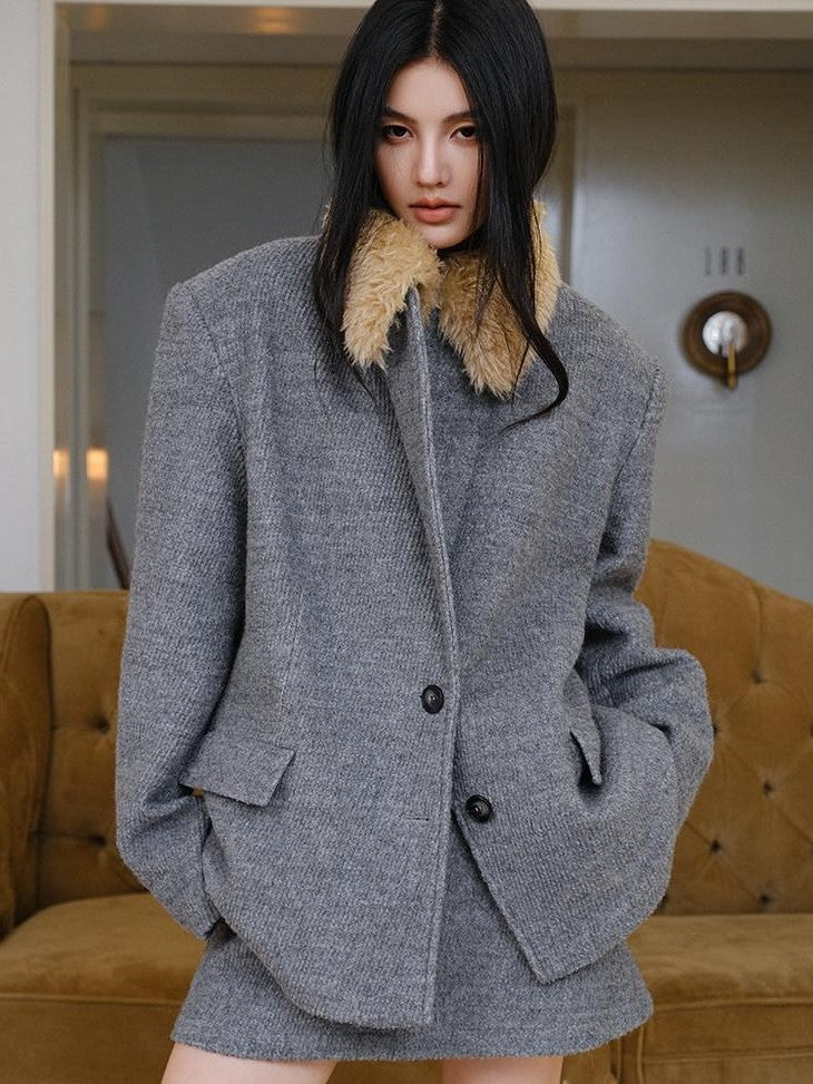 FU FRESH UP Twill Fur Collar Tailored Slim Fit Notched Lapel Women&