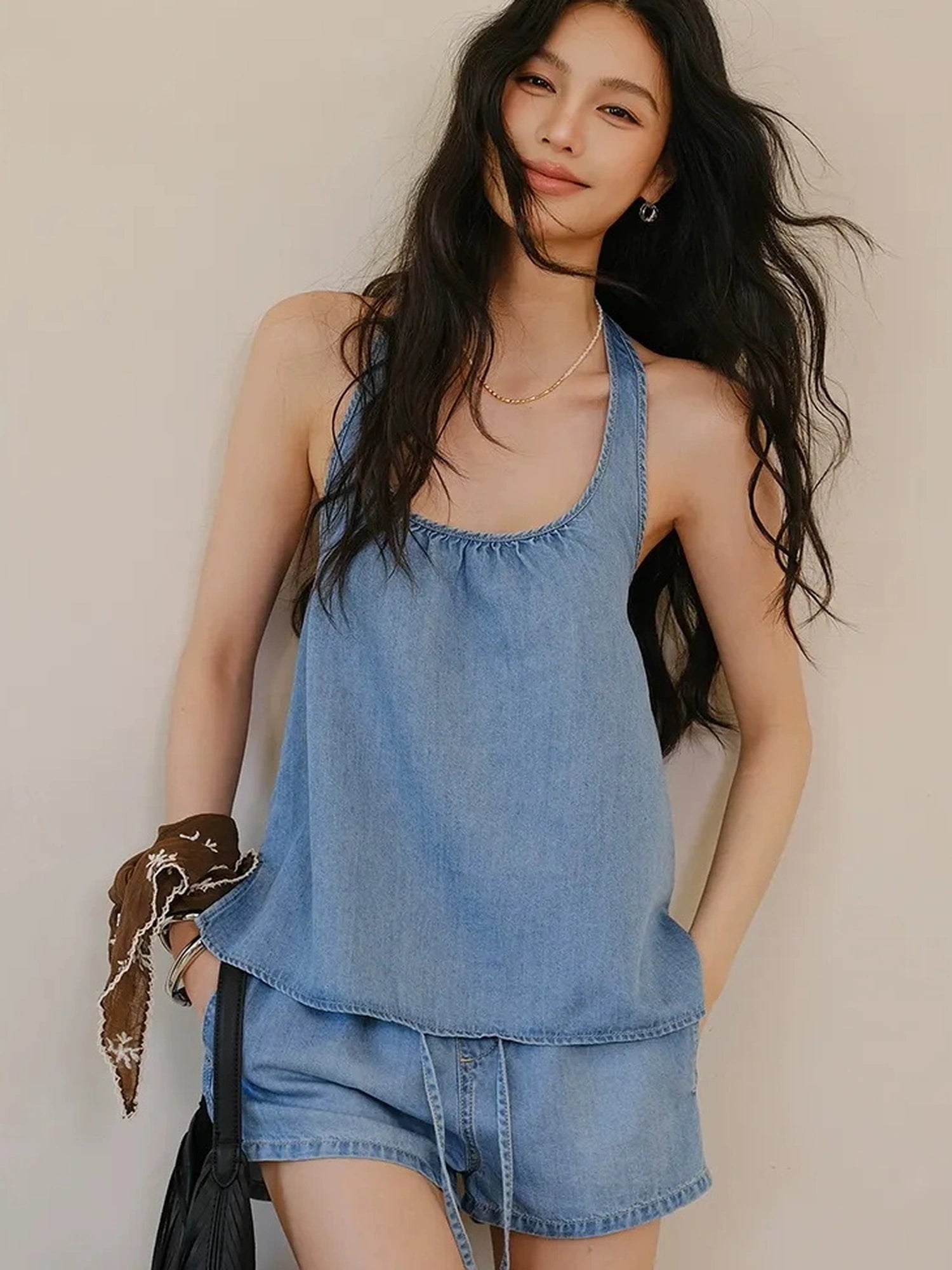 FU FRESH UP U Neck Cami & Drawstring Denim Shorts Set