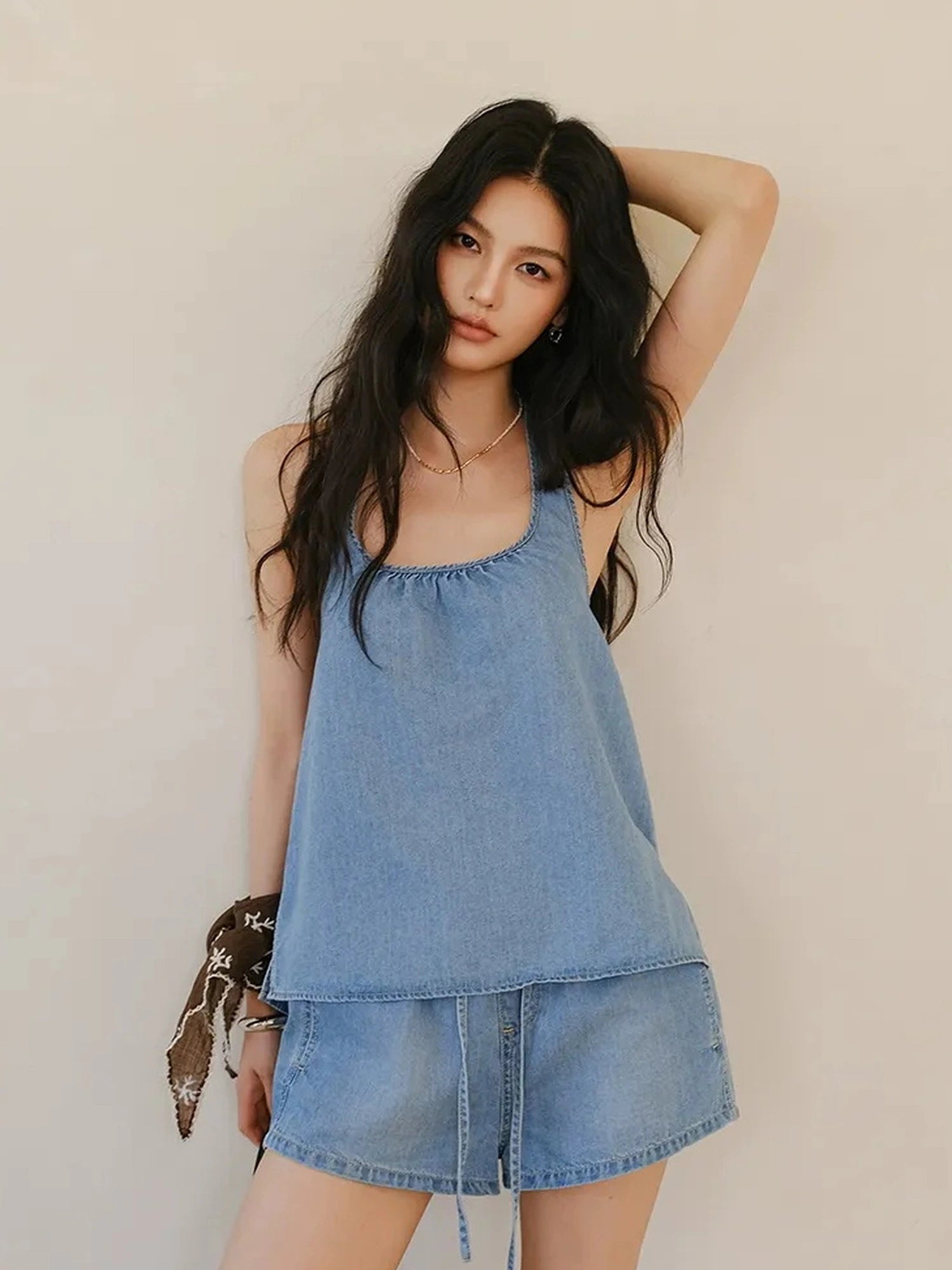 FU FRESH UP U Neck Cami & Drawstring Denim Shorts Set