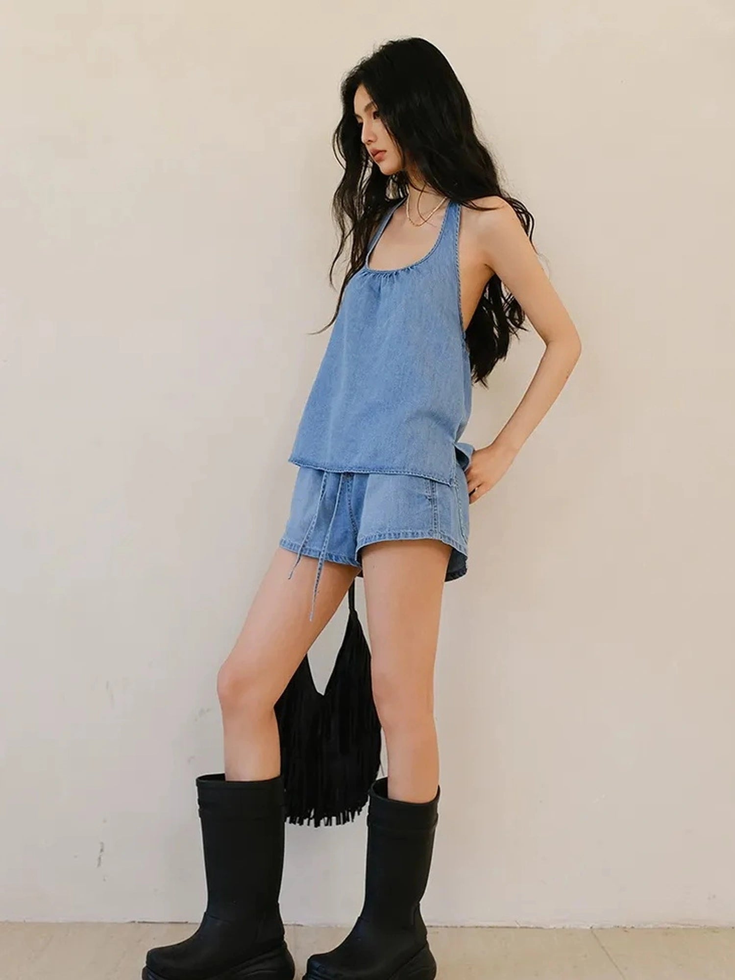 FU FRESH UP U Neck Cami & Drawstring Denim Shorts Set