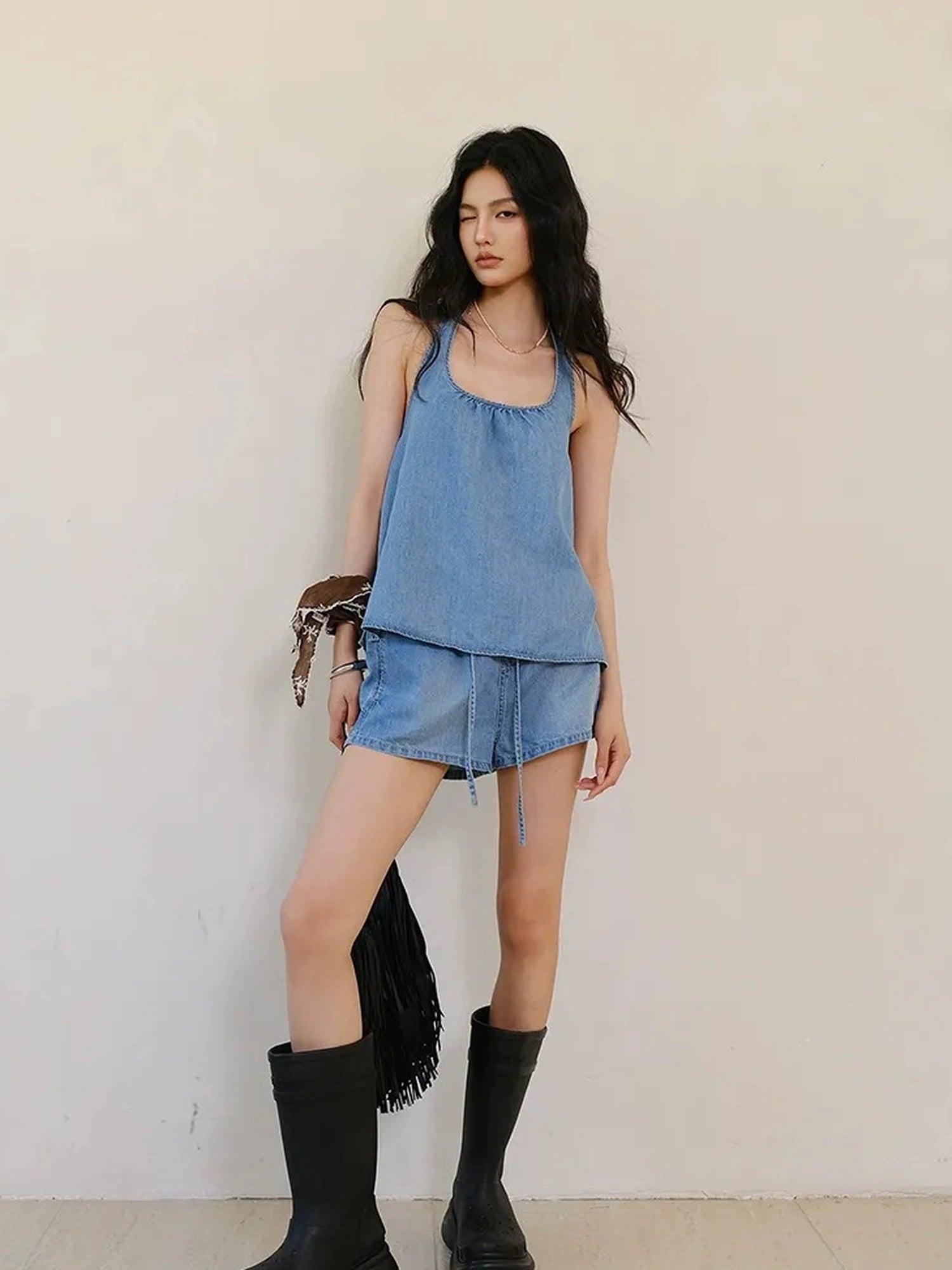 FU FRESH UP U Neck Cami & Drawstring Denim Shorts Set