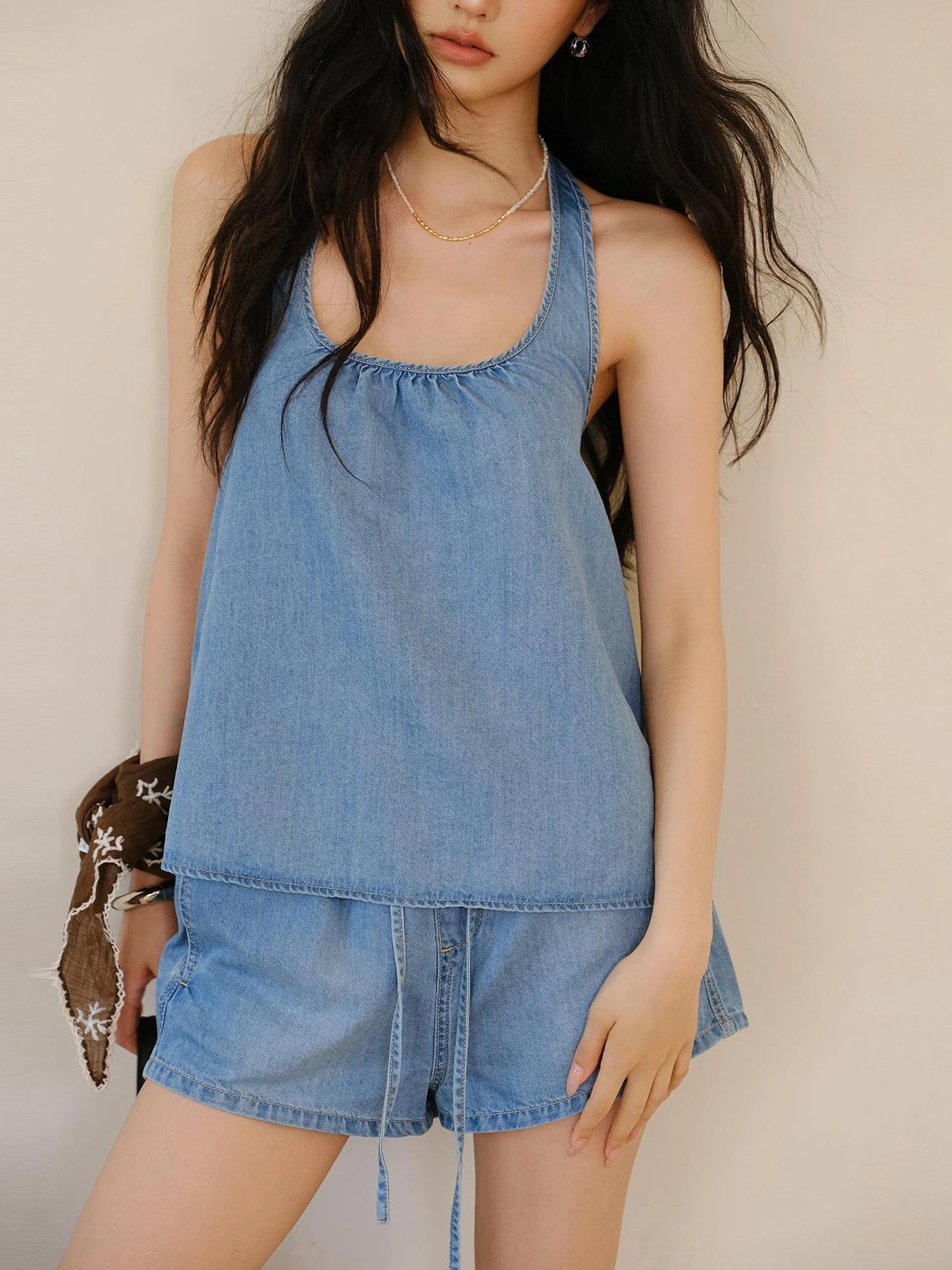 FU FRESH UP U Neck Cami & Drawstring Denim Shorts Set