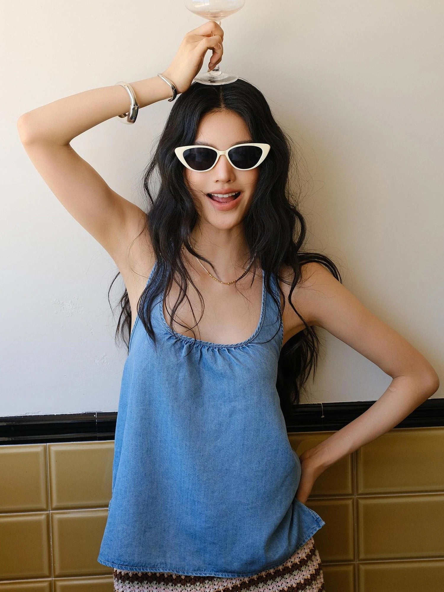 FU FRESH UP U Neck Cami & Drawstring Denim Shorts Set