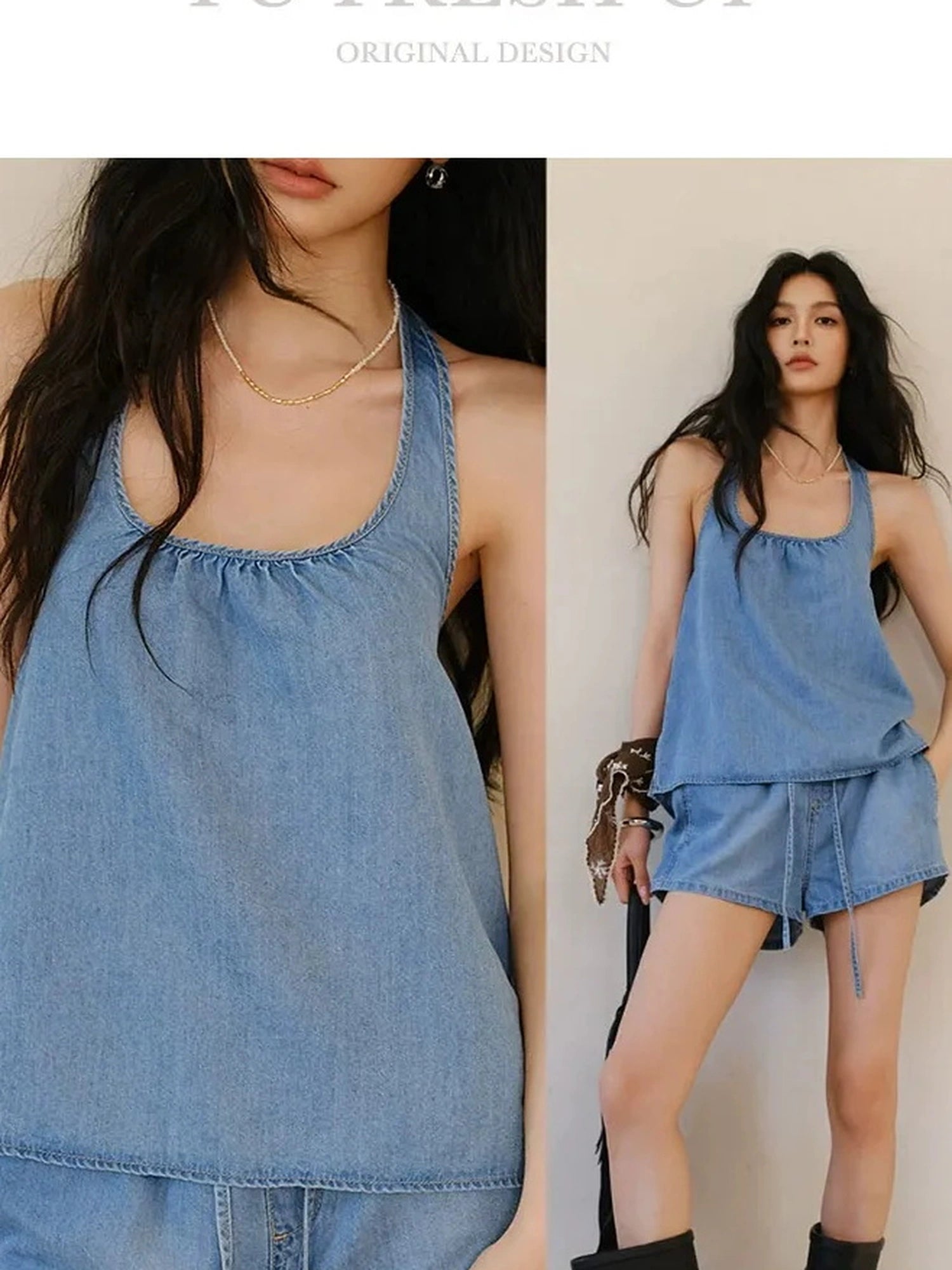 FU FRESH UP U Neck Cami & Drawstring Denim Shorts Set