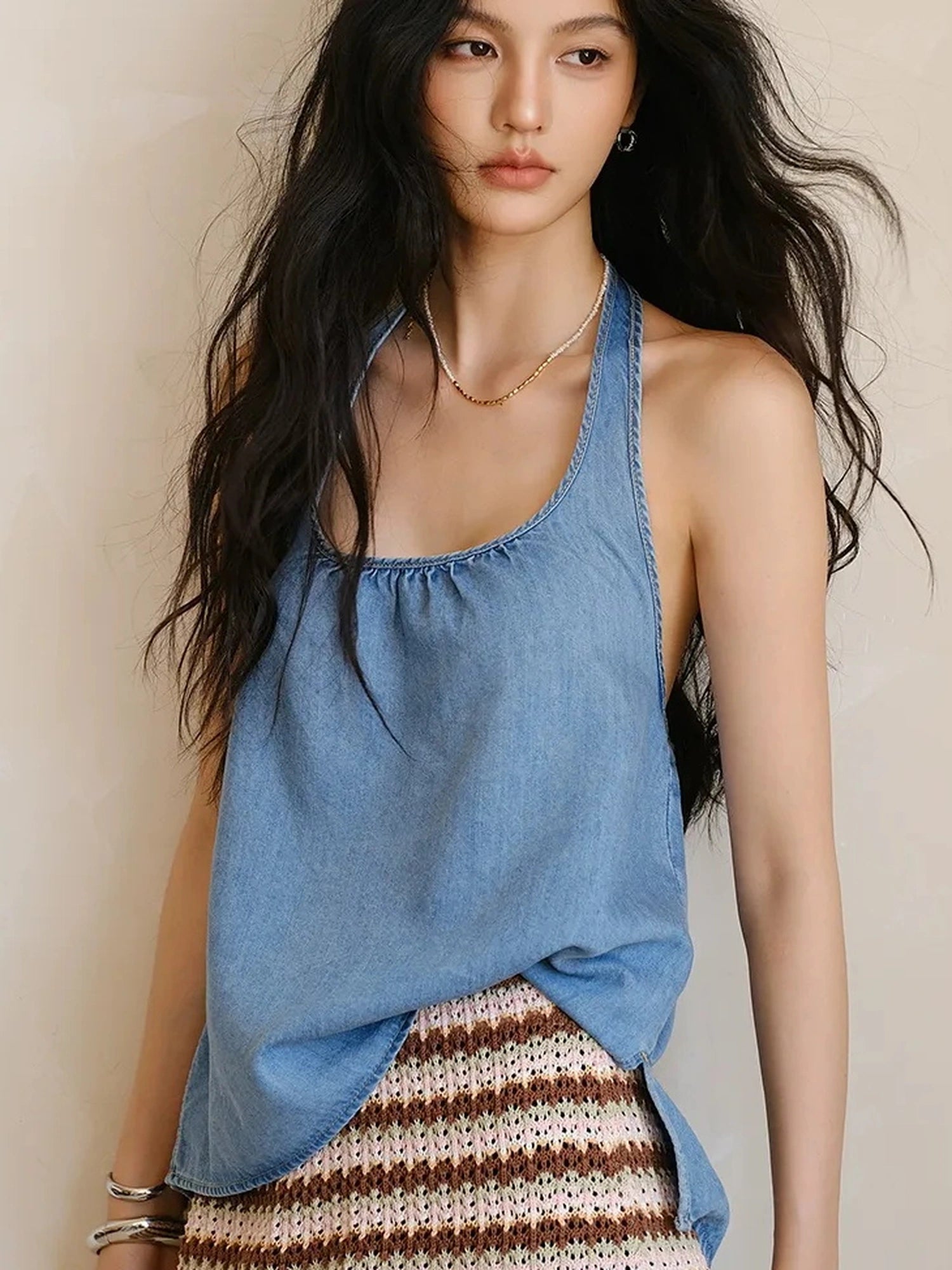 FU FRESH UP U Neck Cami & Drawstring Denim Shorts Set