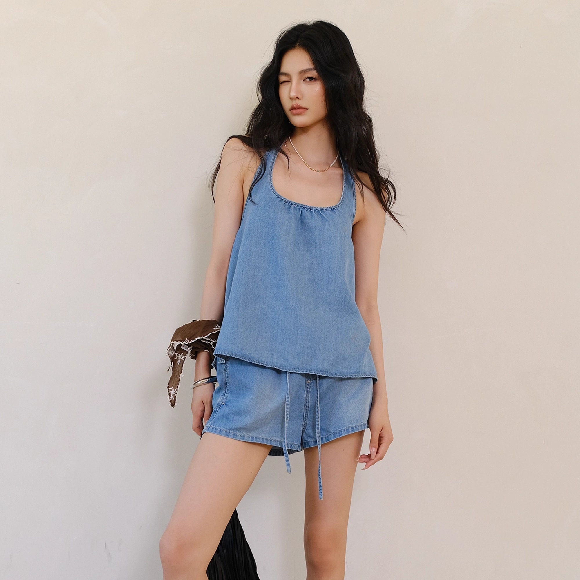 FU_FRESH_UP_U_Neck_Cami_&_Drawstring_Denim_Shorts_Set_MISSTT