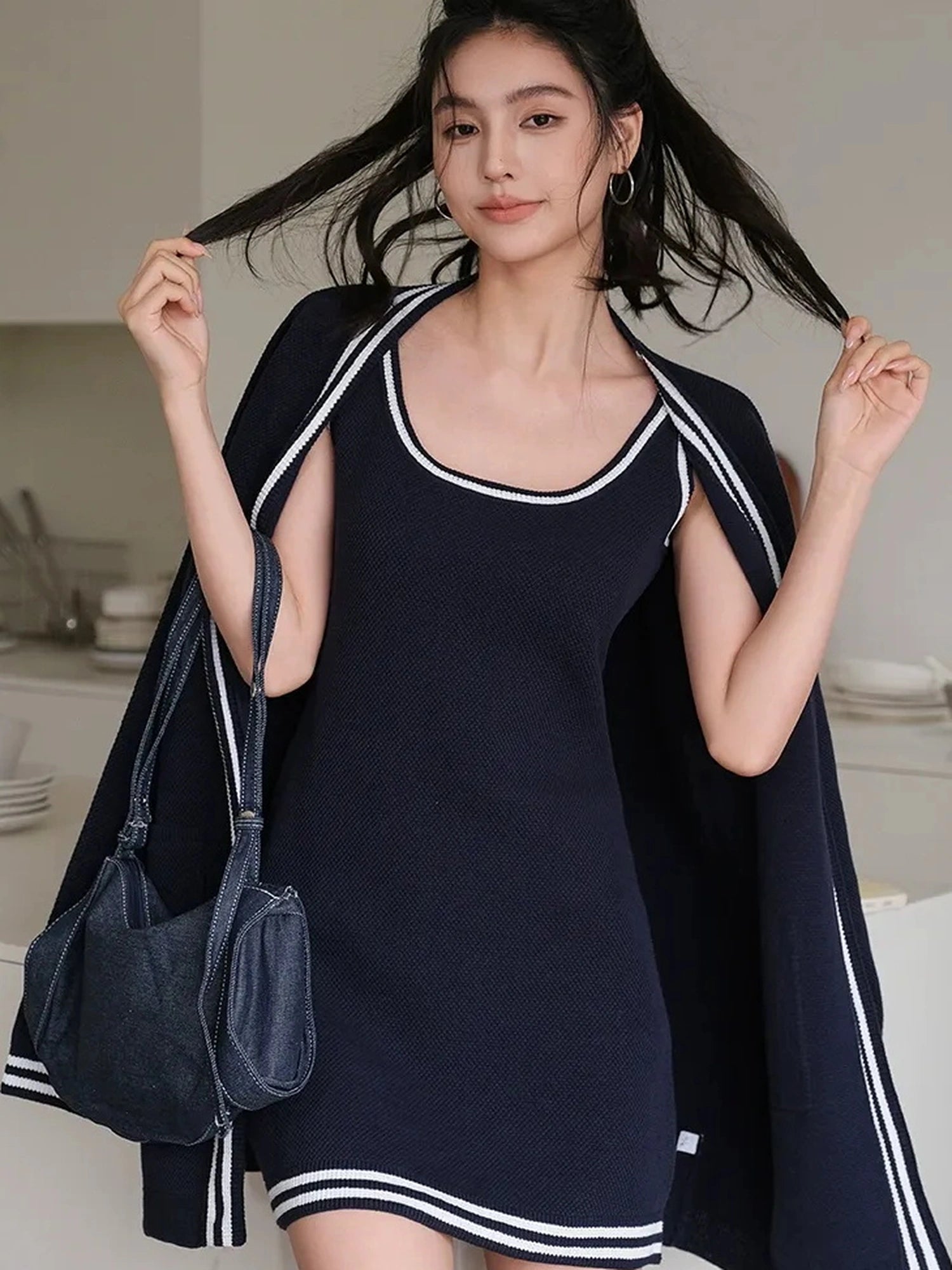 FU FRESH UP U Neck Ribbed Knit Set With Color Trim