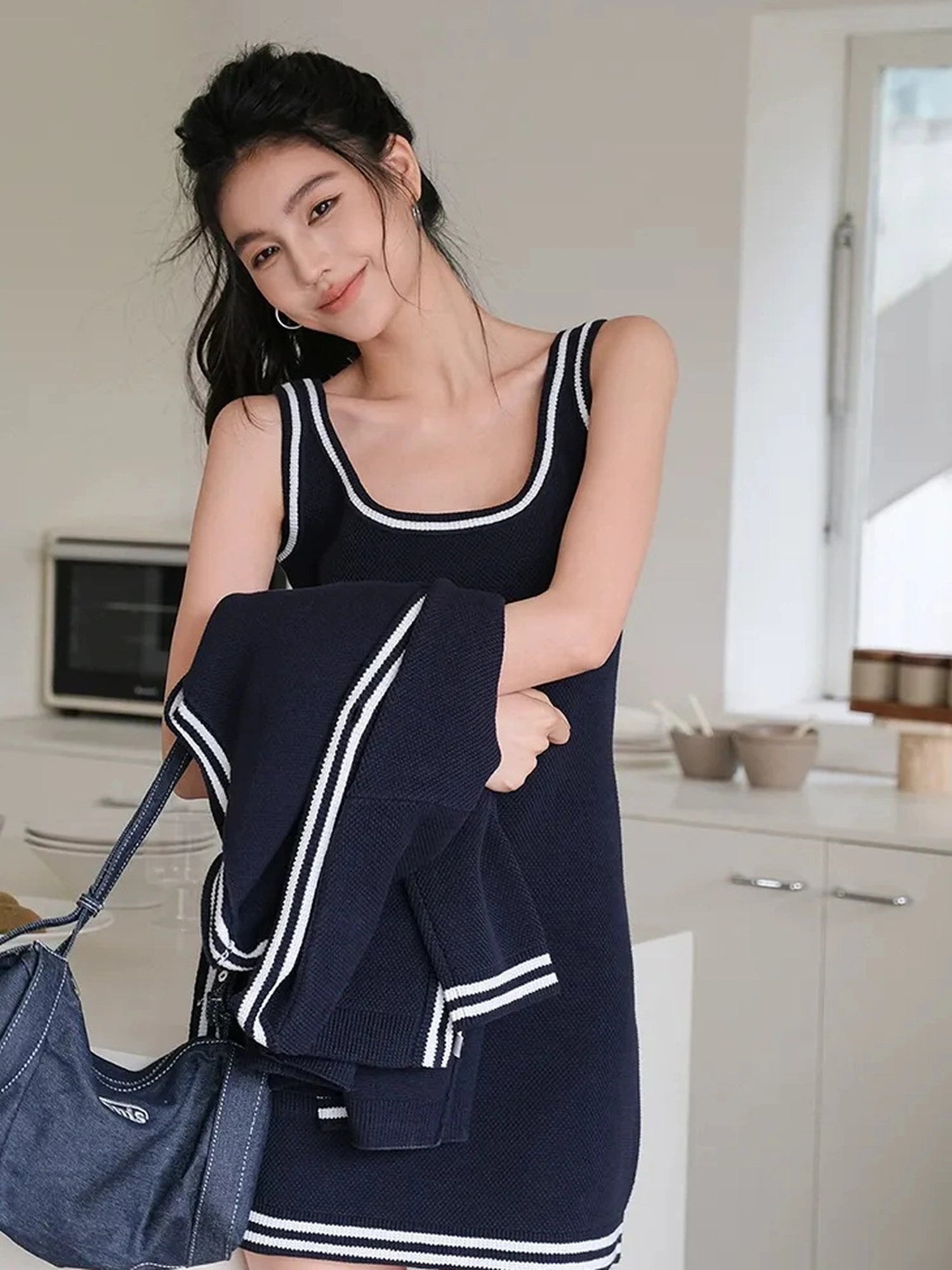 FU FRESH UP U Neck Ribbed Knit Set With Color Trim