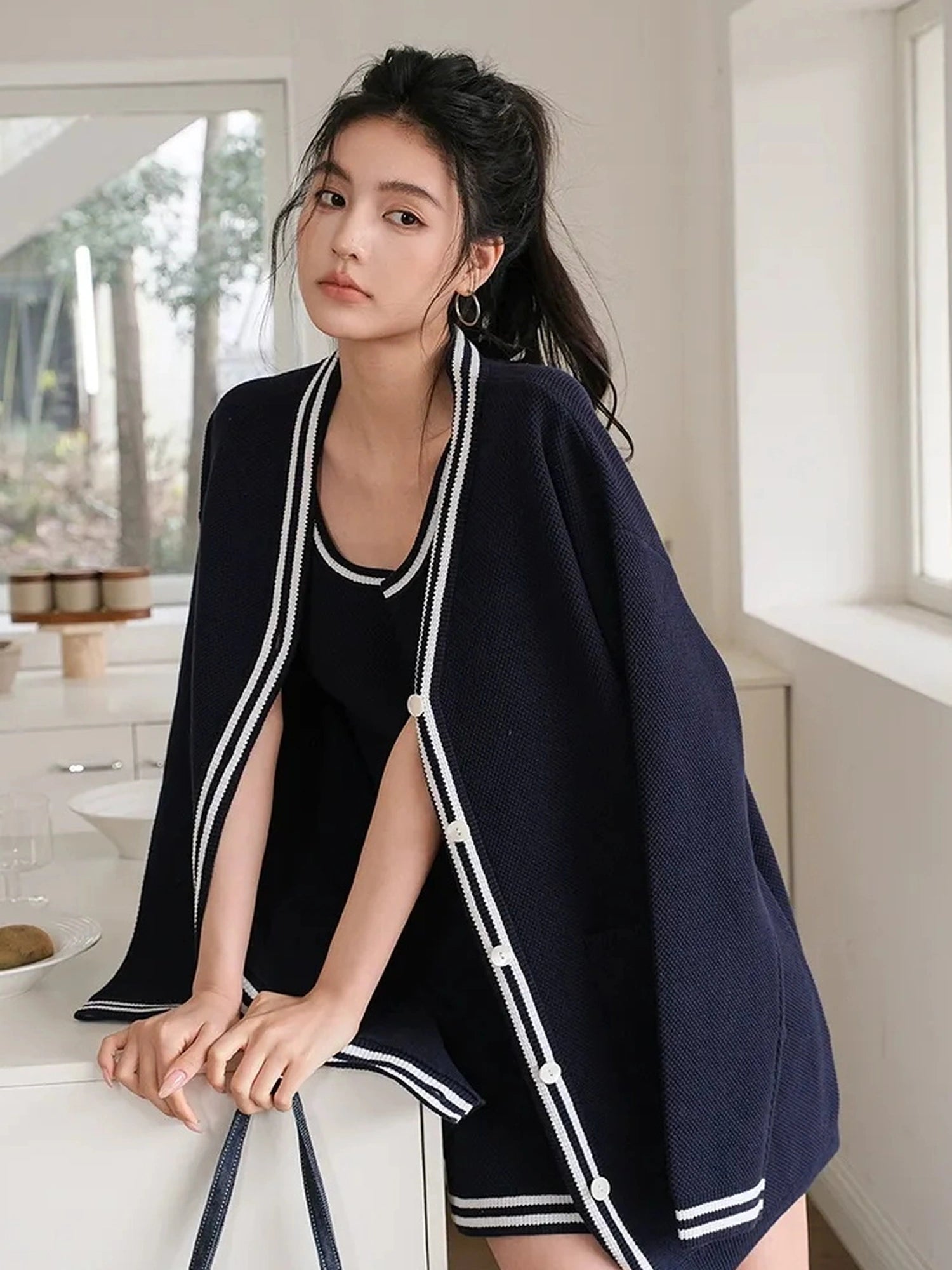 FU FRESH UP U Neck Ribbed Knit Set With Color Trim