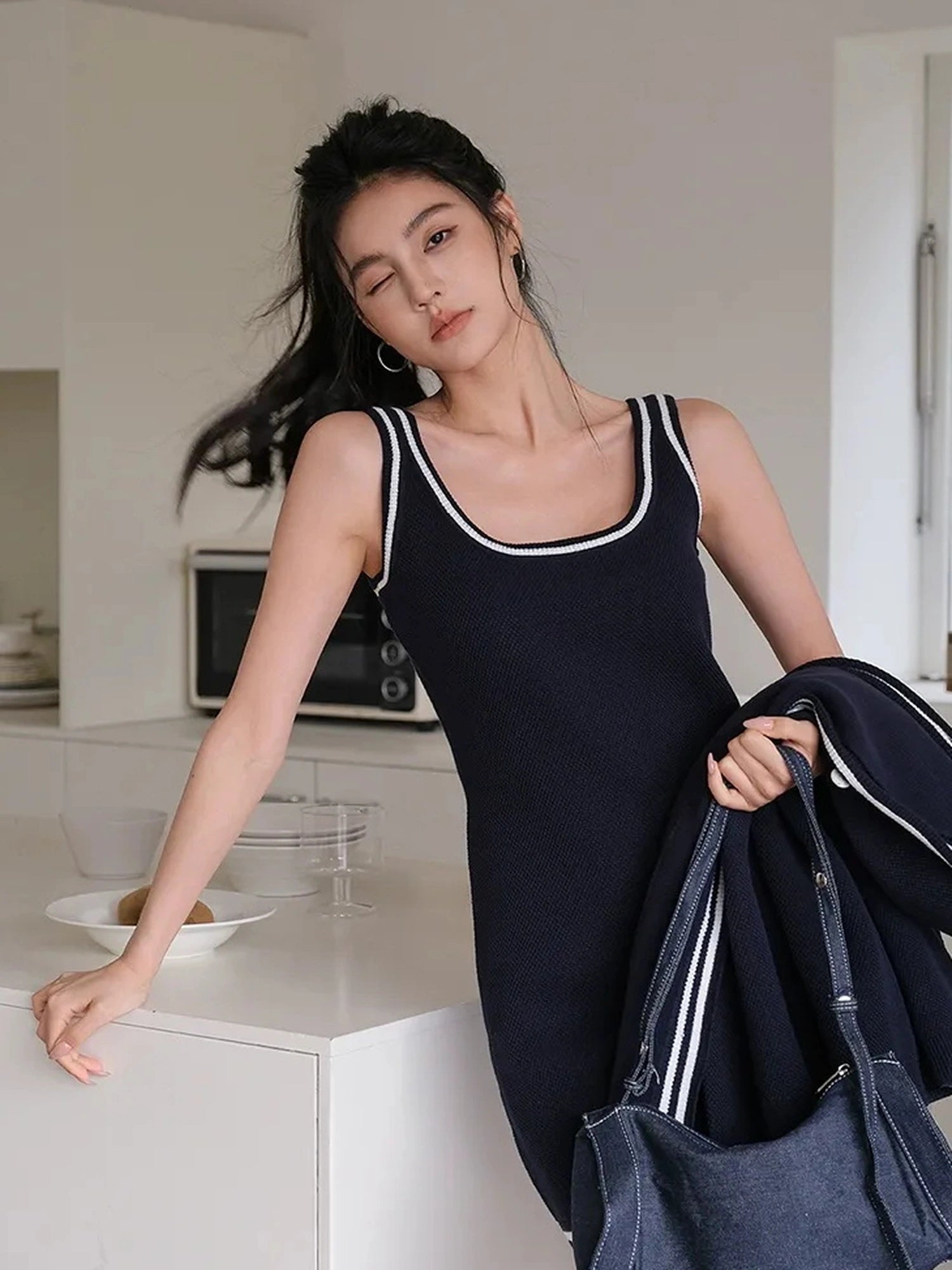 FU FRESH UP U Neck Ribbed Knit Set With Color Trim