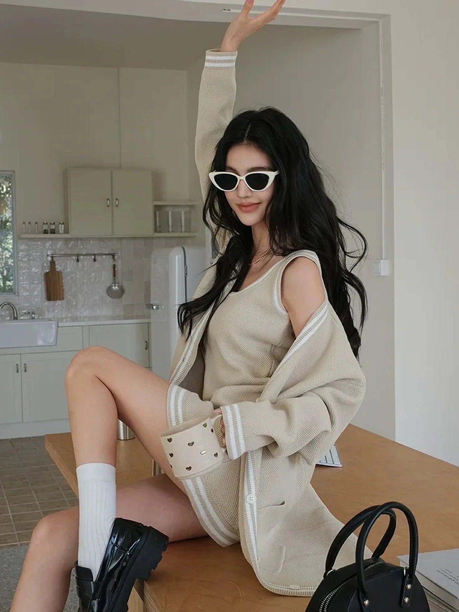 FU FRESH UP U Neck Ribbed Knit Set With Color Trim