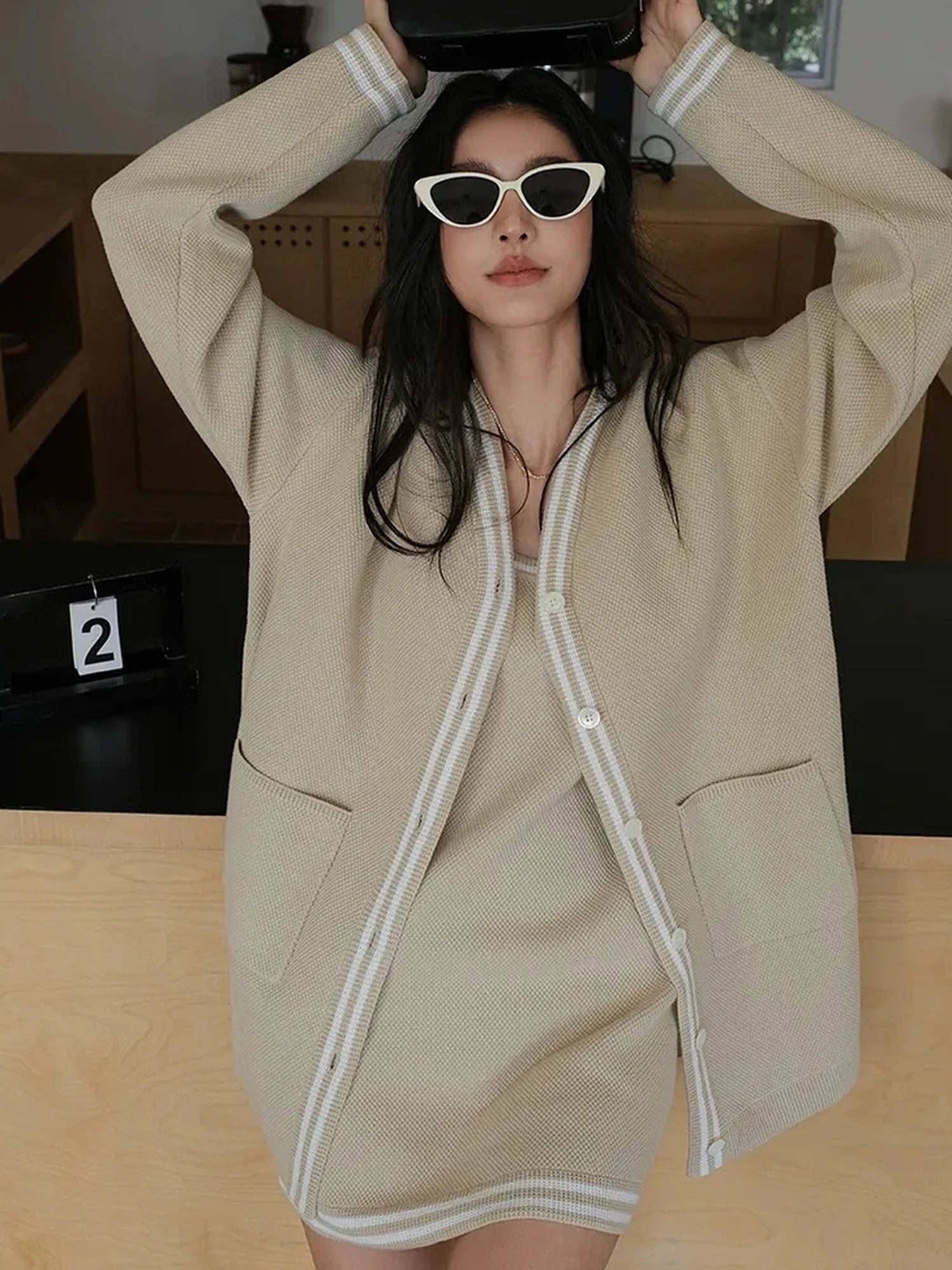 FU FRESH UP U Neck Ribbed Knit Set With Color Trim