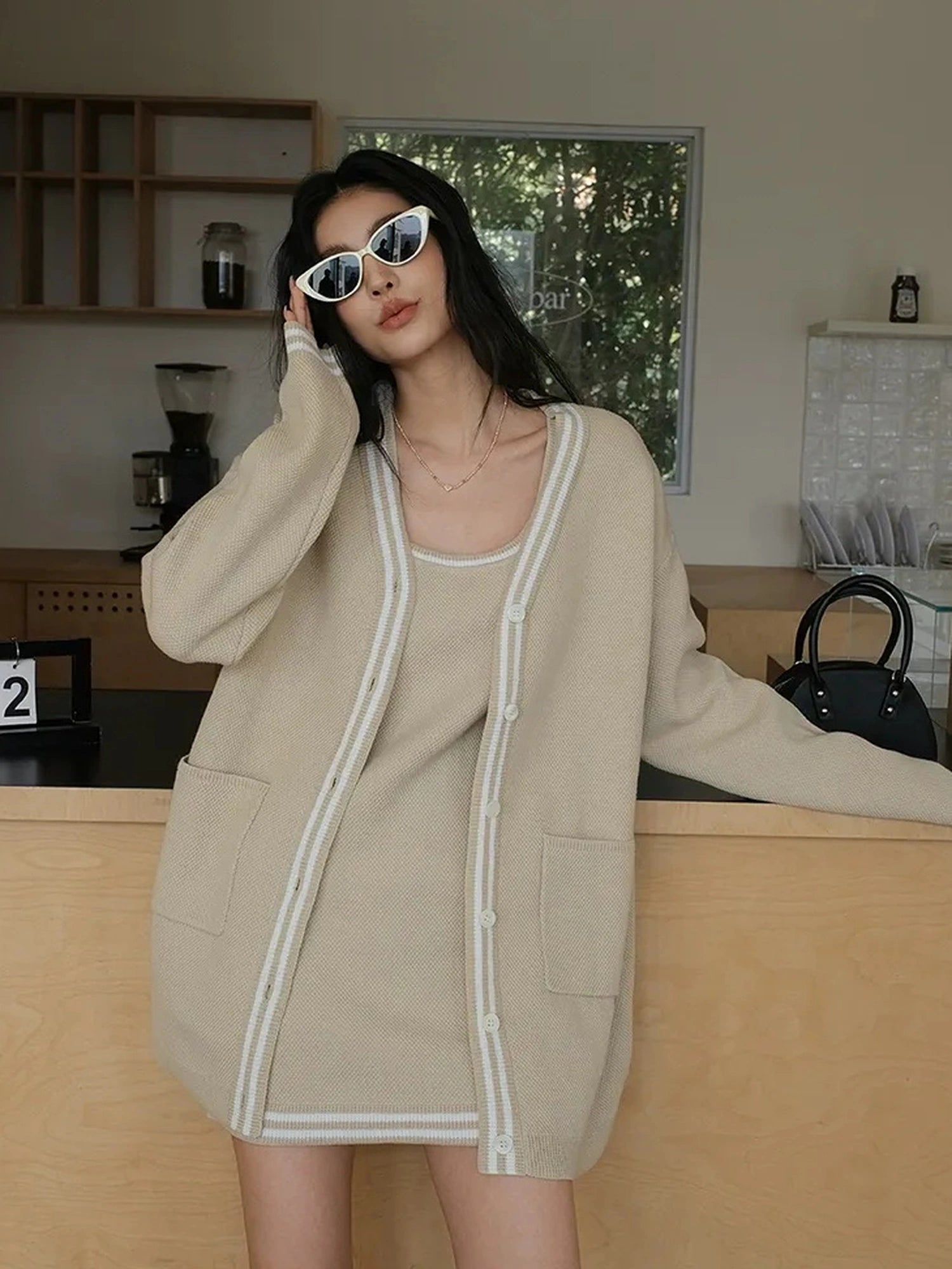 FU FRESH UP U Neck Ribbed Knit Set With Color Trim
