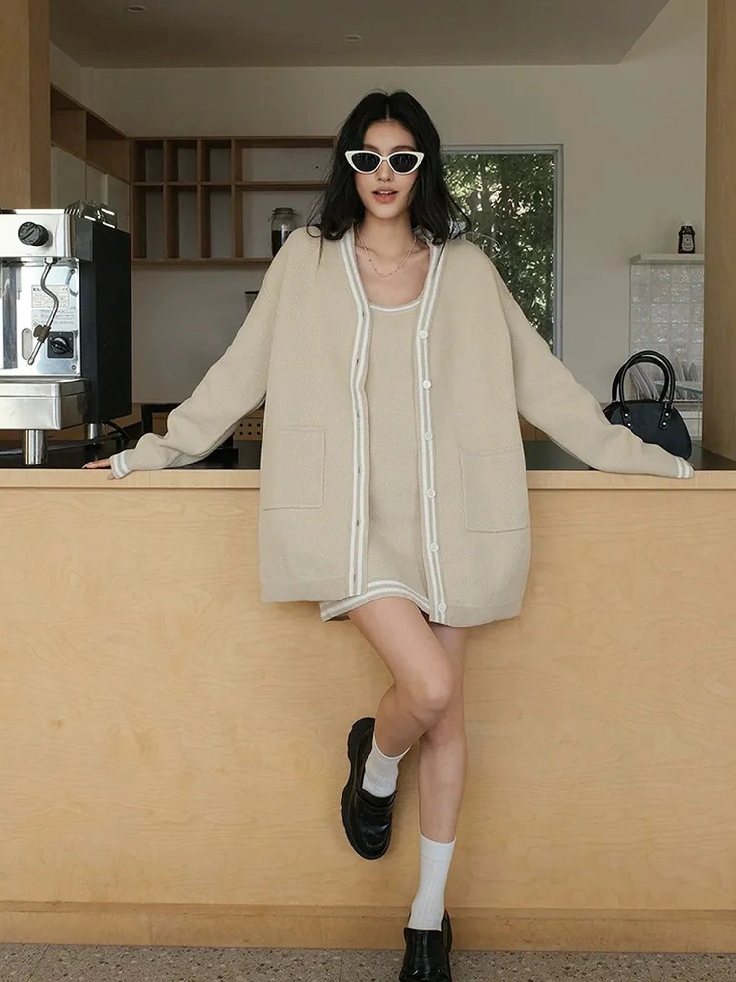 FU FRESH UP U Neck Ribbed Knit Set With Color Trim