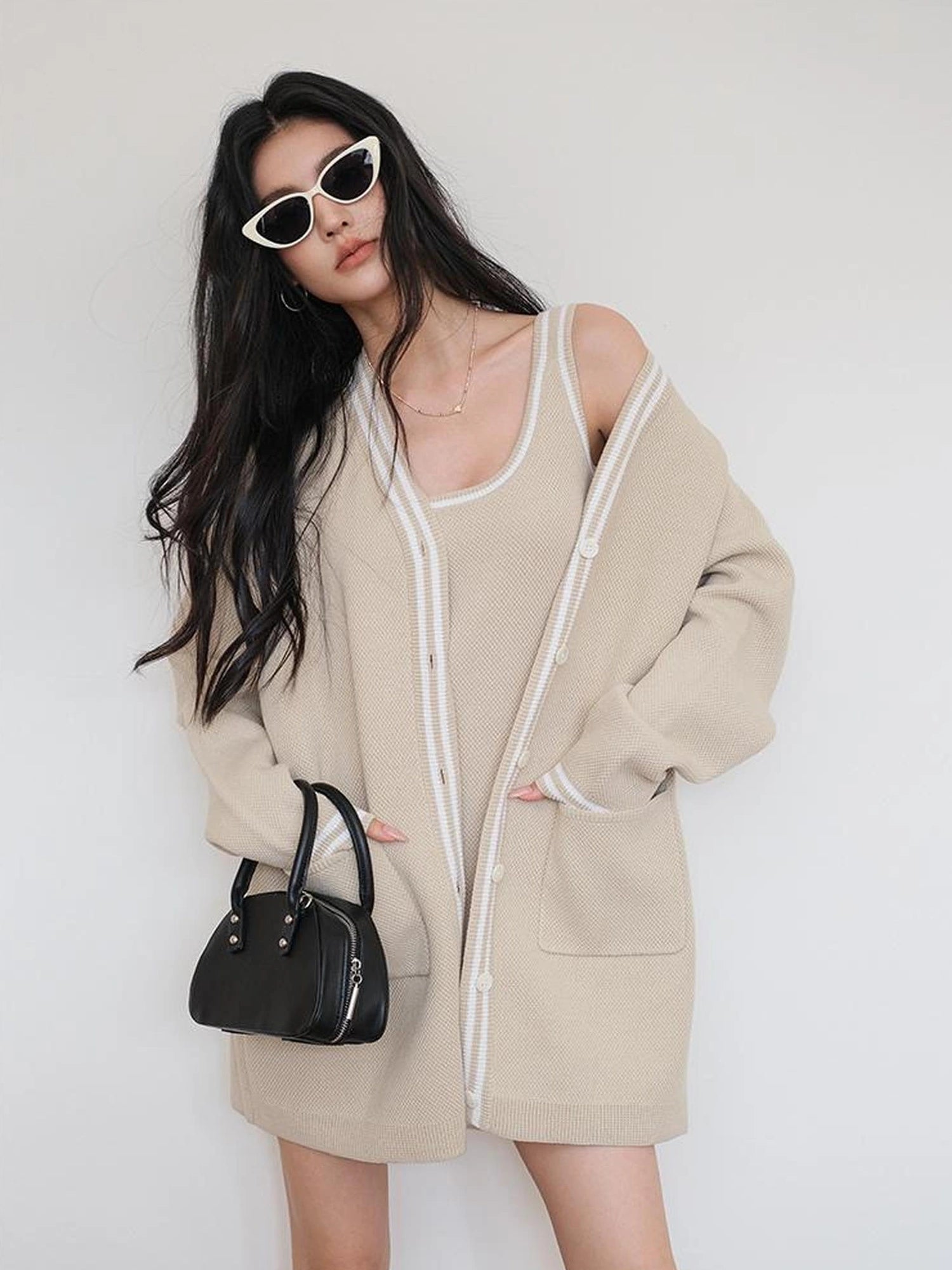 FU FRESH UP U Neck Ribbed Knit Set With Color Trim