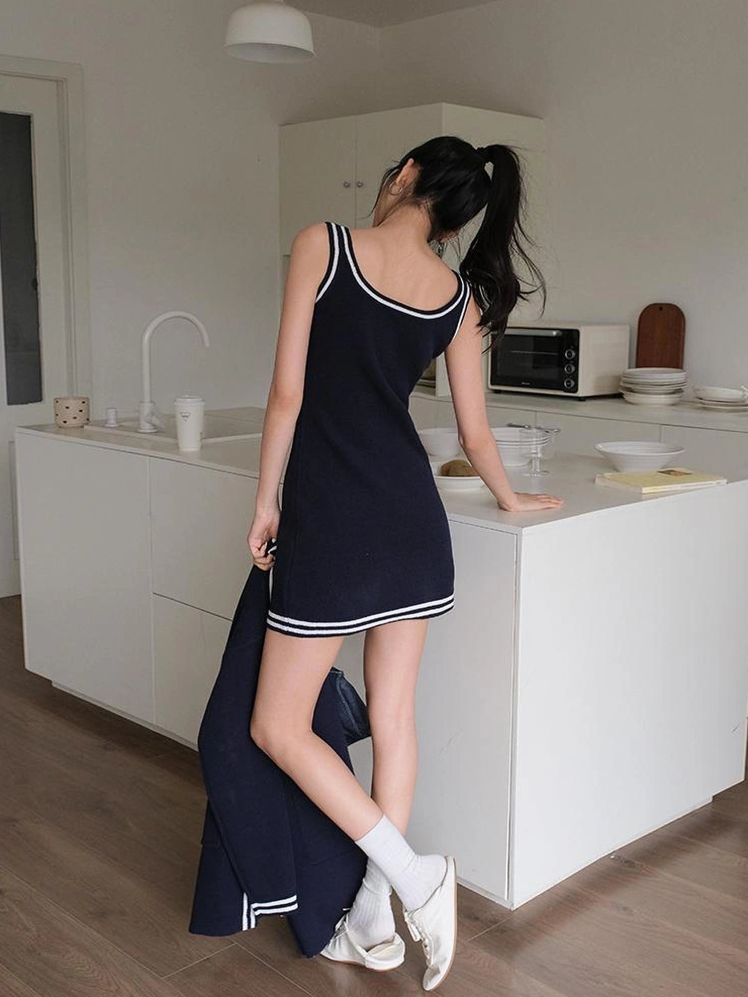 FU FRESH UP U Neck Ribbed Knit Set With Color Trim