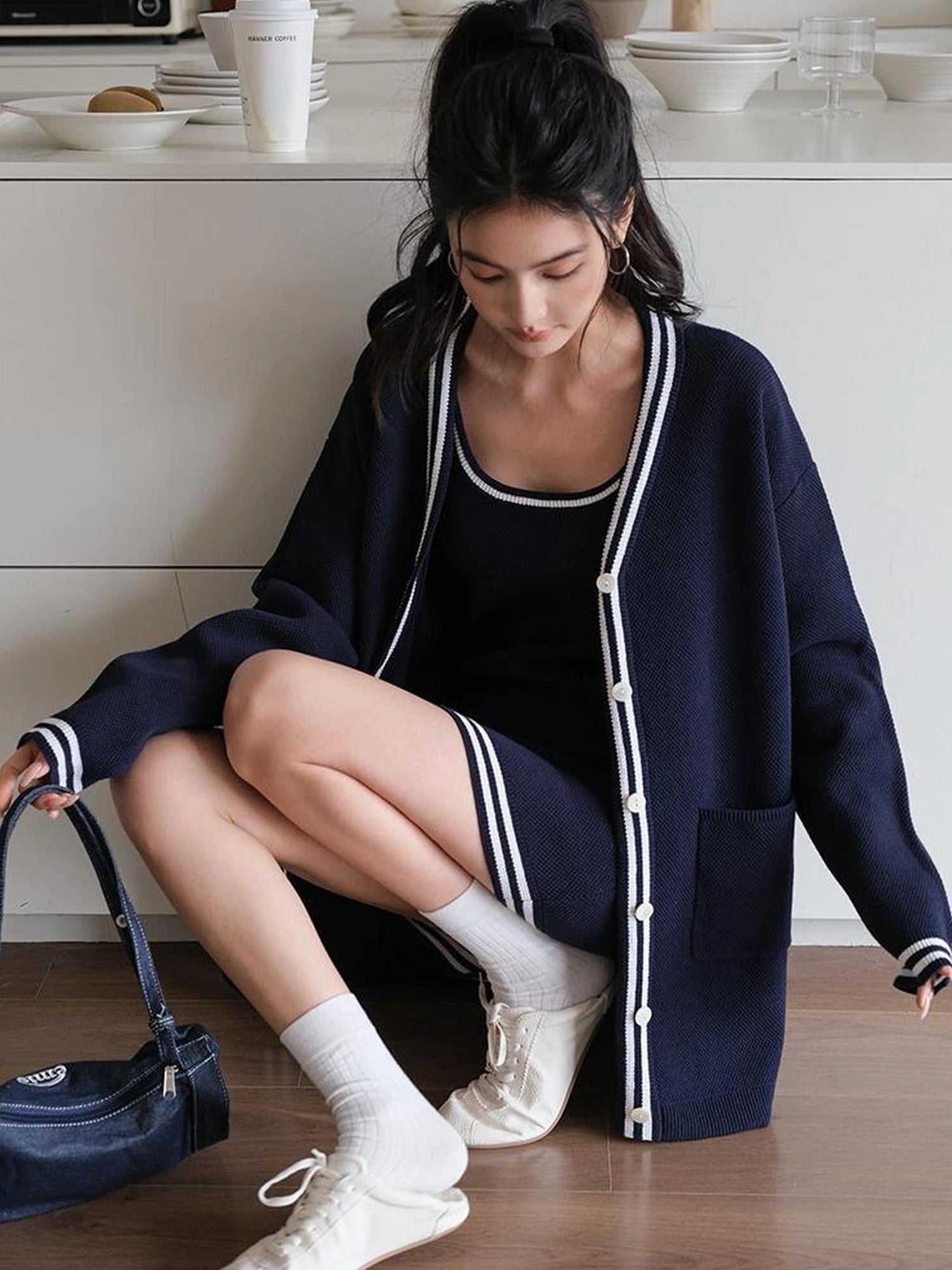 FU FRESH UP U Neck Ribbed Knit Set With Color Trim