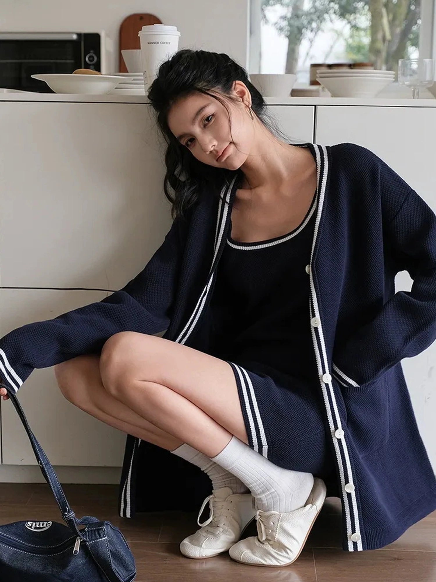 FU FRESH UP U Neck Ribbed Knit Set With Color Trim