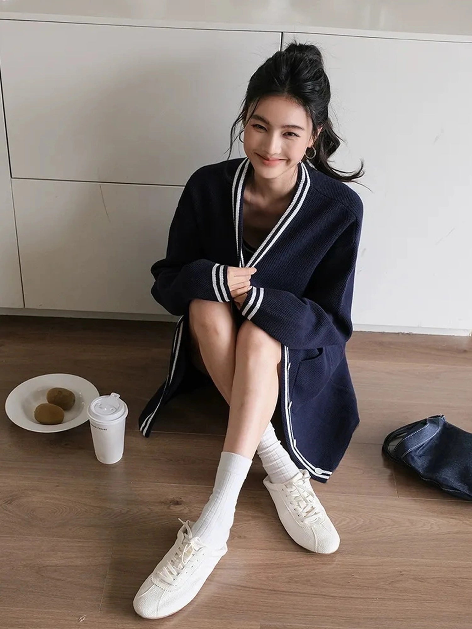 FU FRESH UP U Neck Ribbed Knit Set With Color Trim