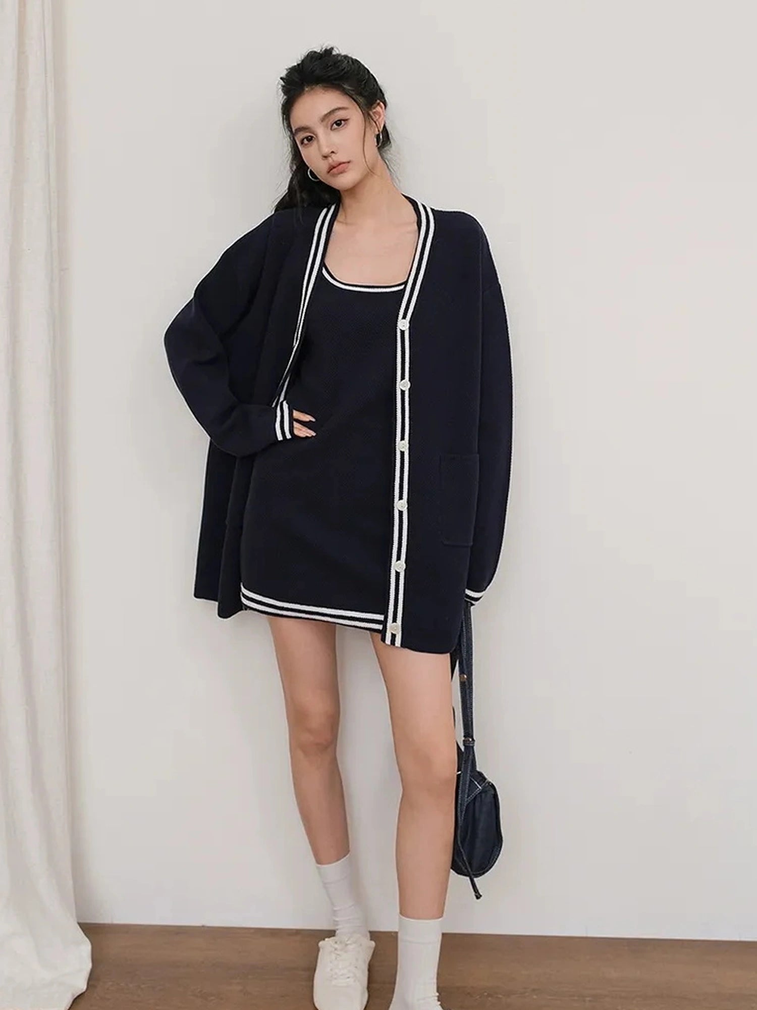 FU FRESH UP U Neck Ribbed Knit Set With Color Trim