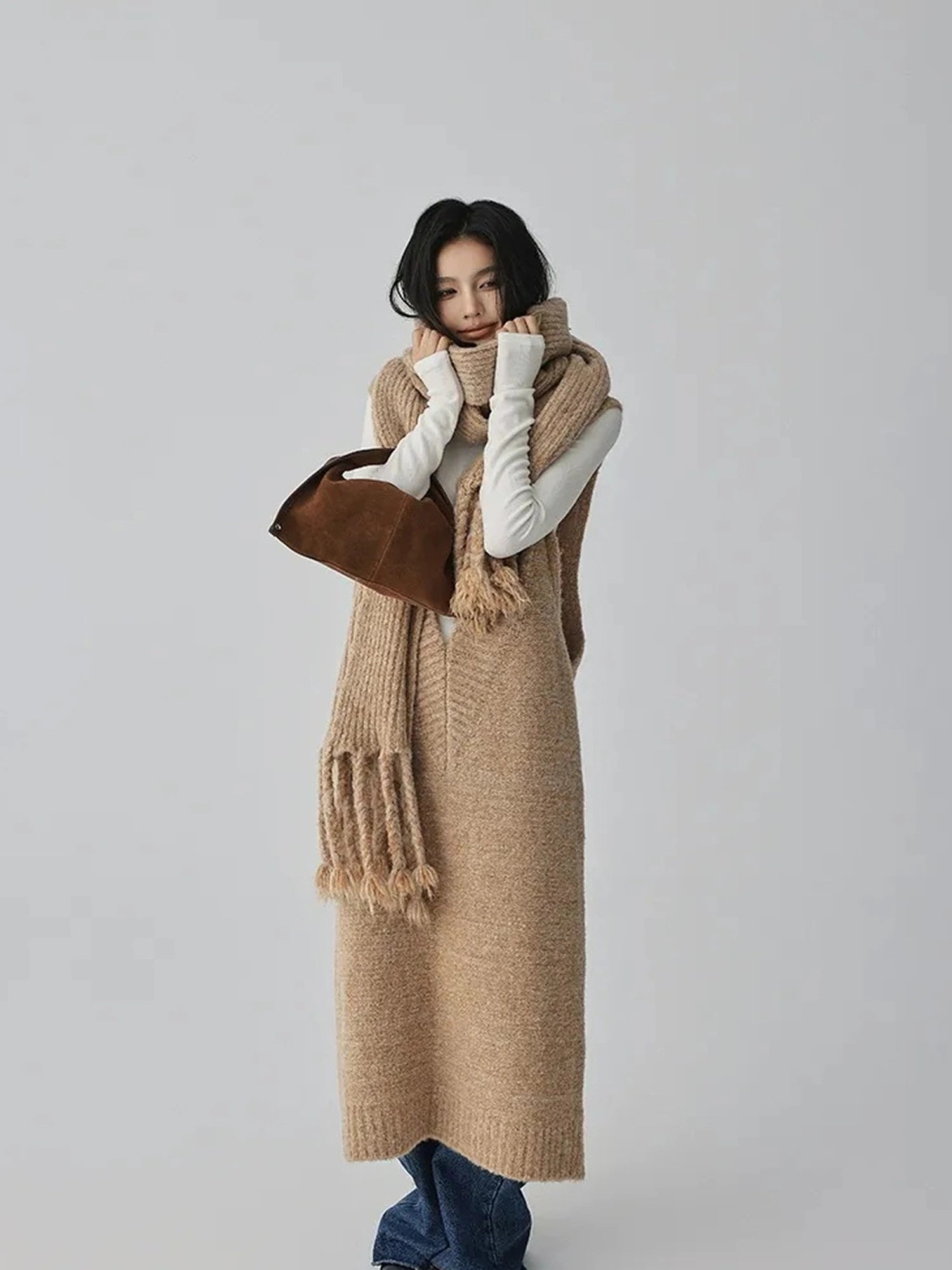 FU FRESH UP V-neck Alpaca Wool Vest Fringed Shawl Set