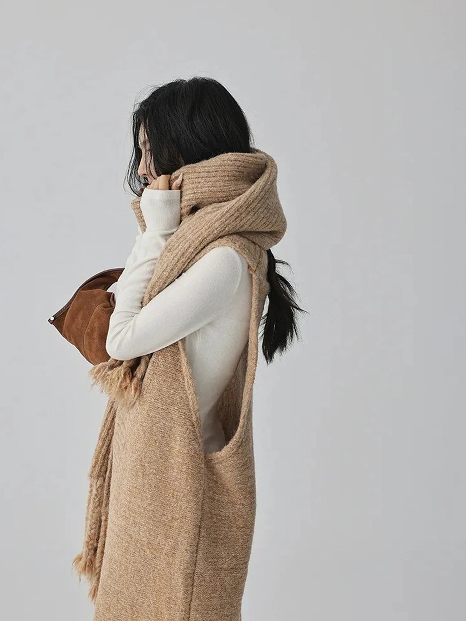 FU FRESH UP V-neck Alpaca Wool Vest Fringed Shawl Set