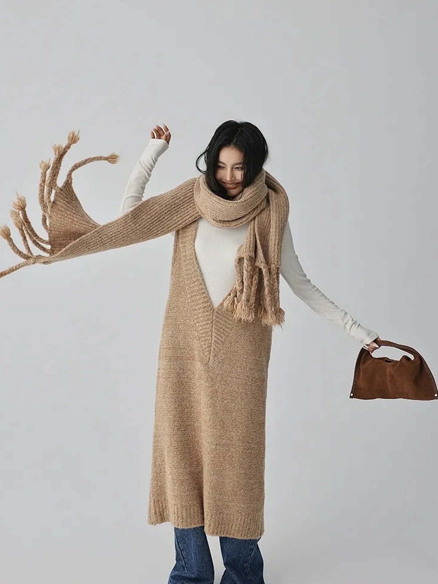 FU FRESH UP V-neck Alpaca Wool Vest Fringed Shawl Set