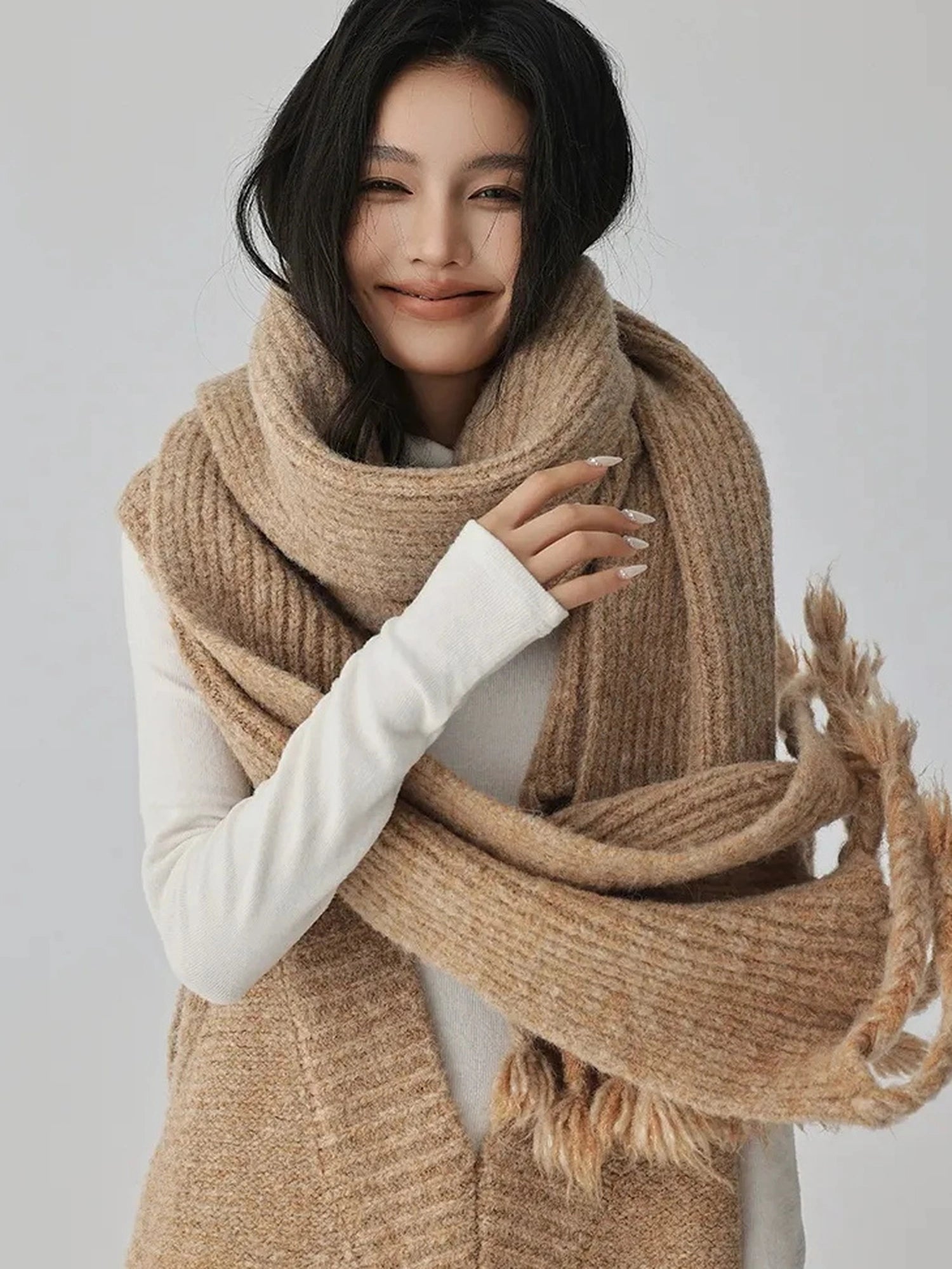 FU FRESH UP V-neck Alpaca Wool Vest Fringed Shawl Set