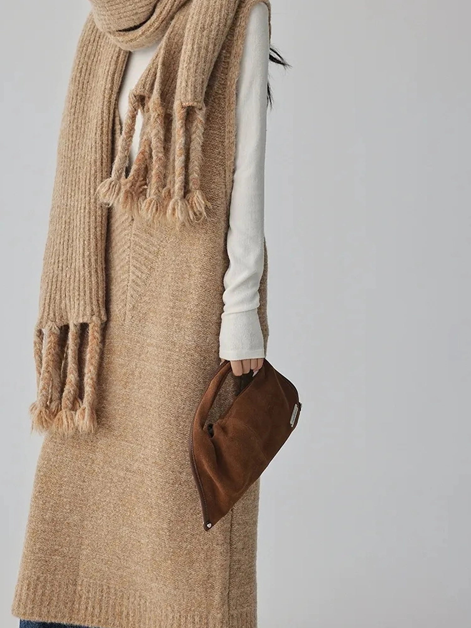 FU FRESH UP V-neck Alpaca Wool Vest Fringed Shawl Set