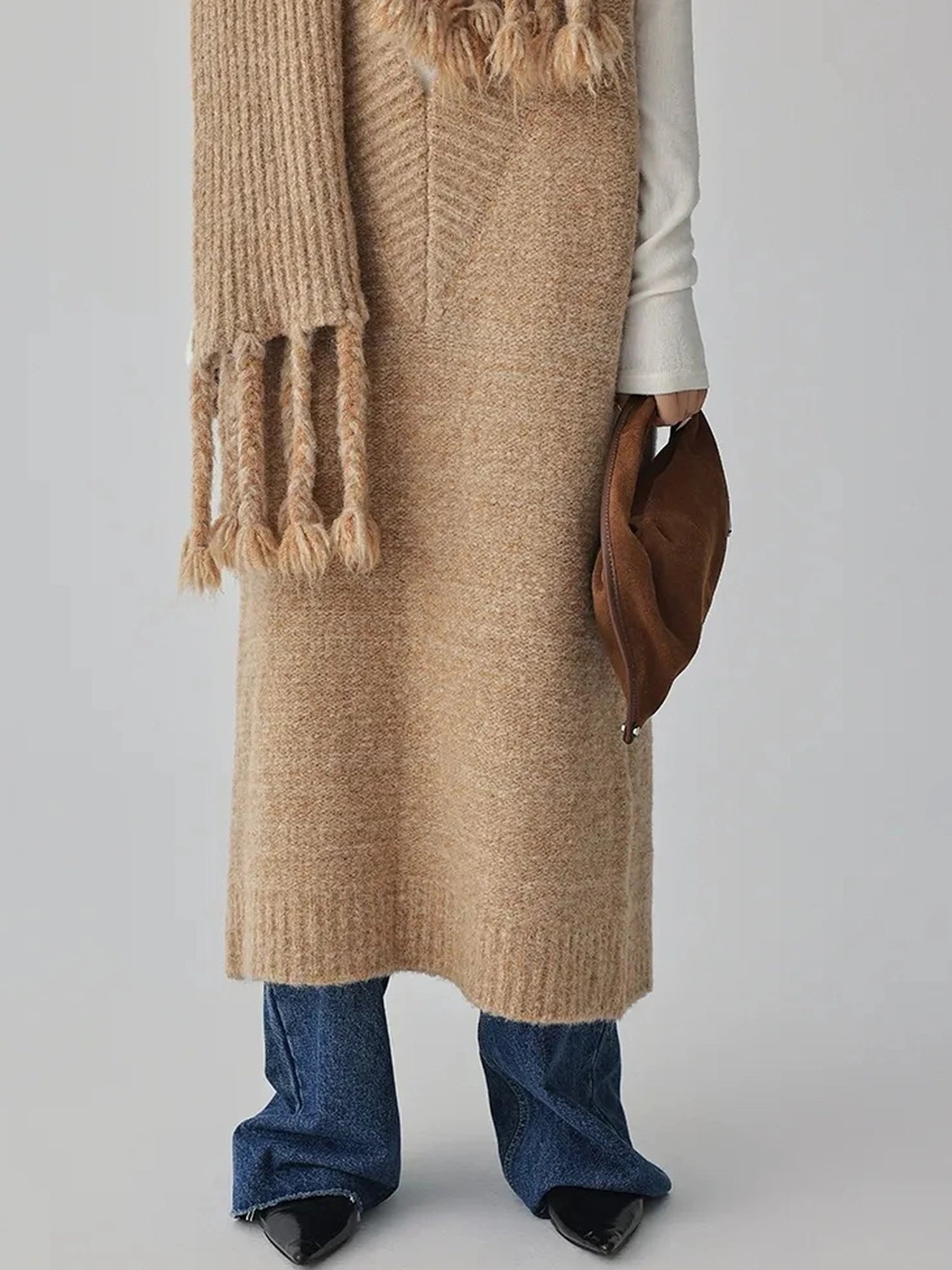 FU FRESH UP V-neck Alpaca Wool Vest Fringed Shawl Set