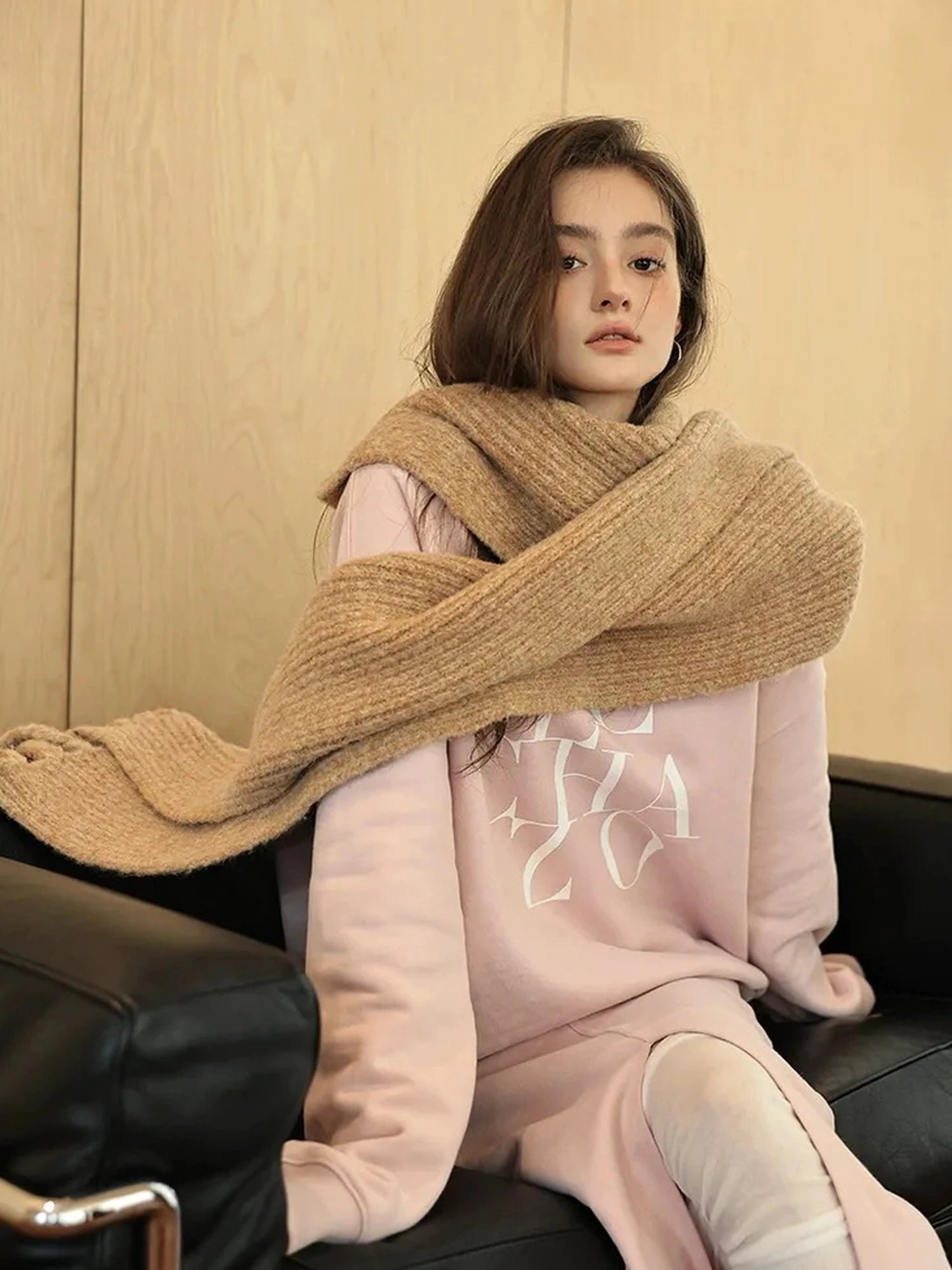 FU FRESH UP V-neck Alpaca Wool Vest Fringed Shawl Set