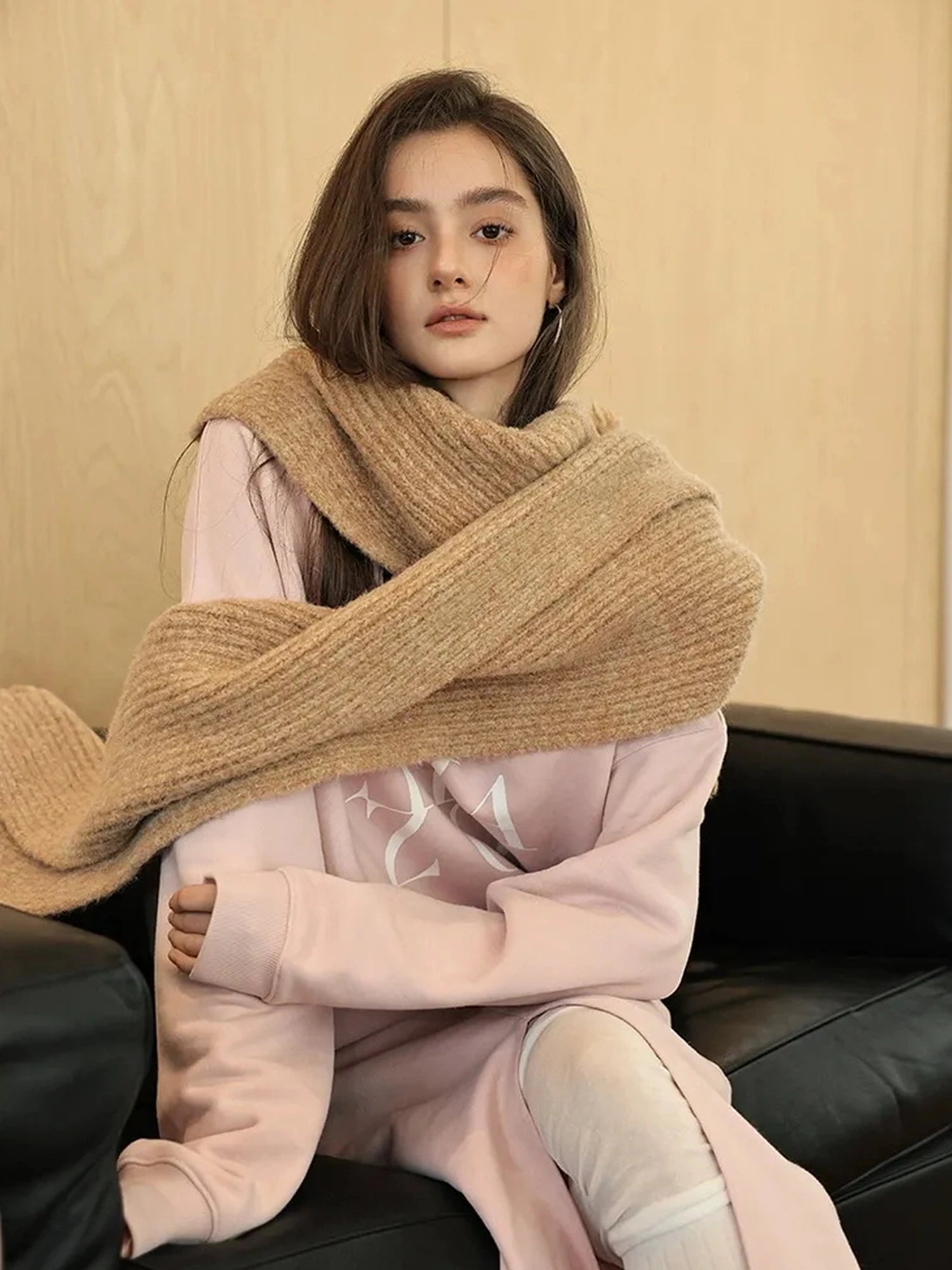 FU FRESH UP V-neck Alpaca Wool Vest Fringed Shawl Set