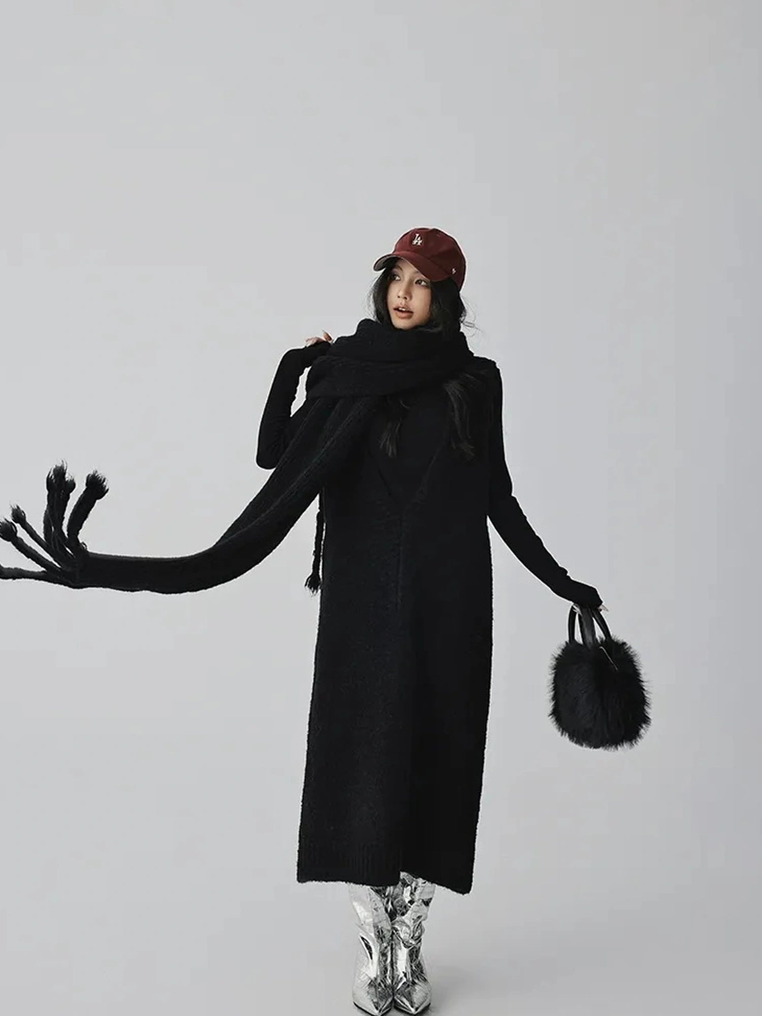 FU FRESH UP V-neck Alpaca Wool Vest Fringed Shawl Set