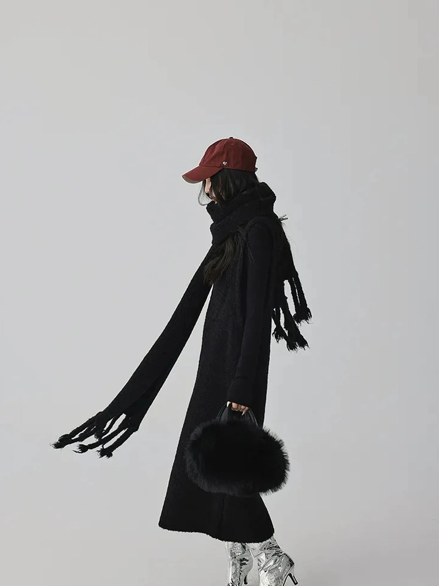 FU FRESH UP V-neck Alpaca Wool Vest Fringed Shawl Set